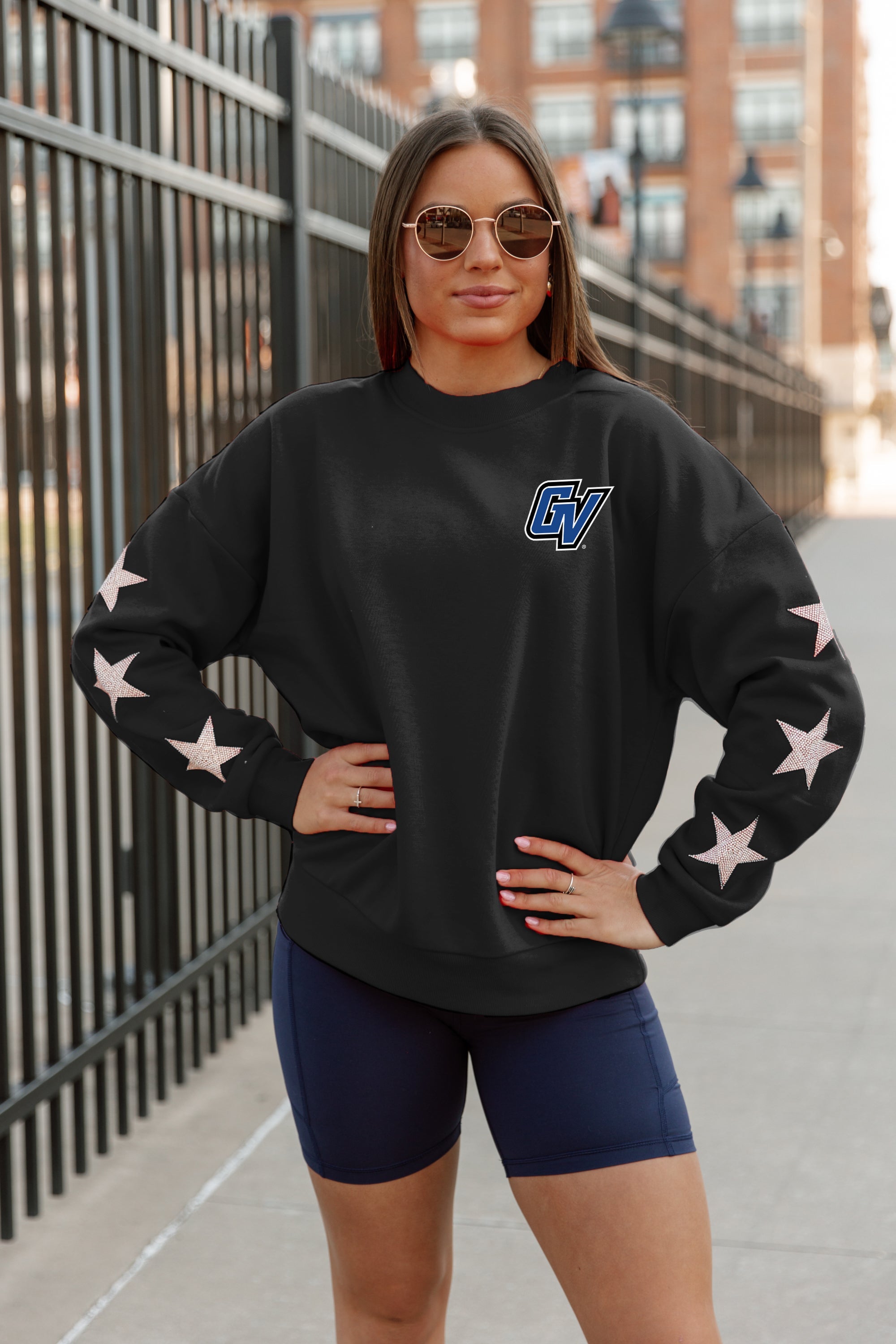 Black Lakers Star-Sleeve Sweatshirt with Blue Shorts - Styled Look | Gameday Couture - SOHO