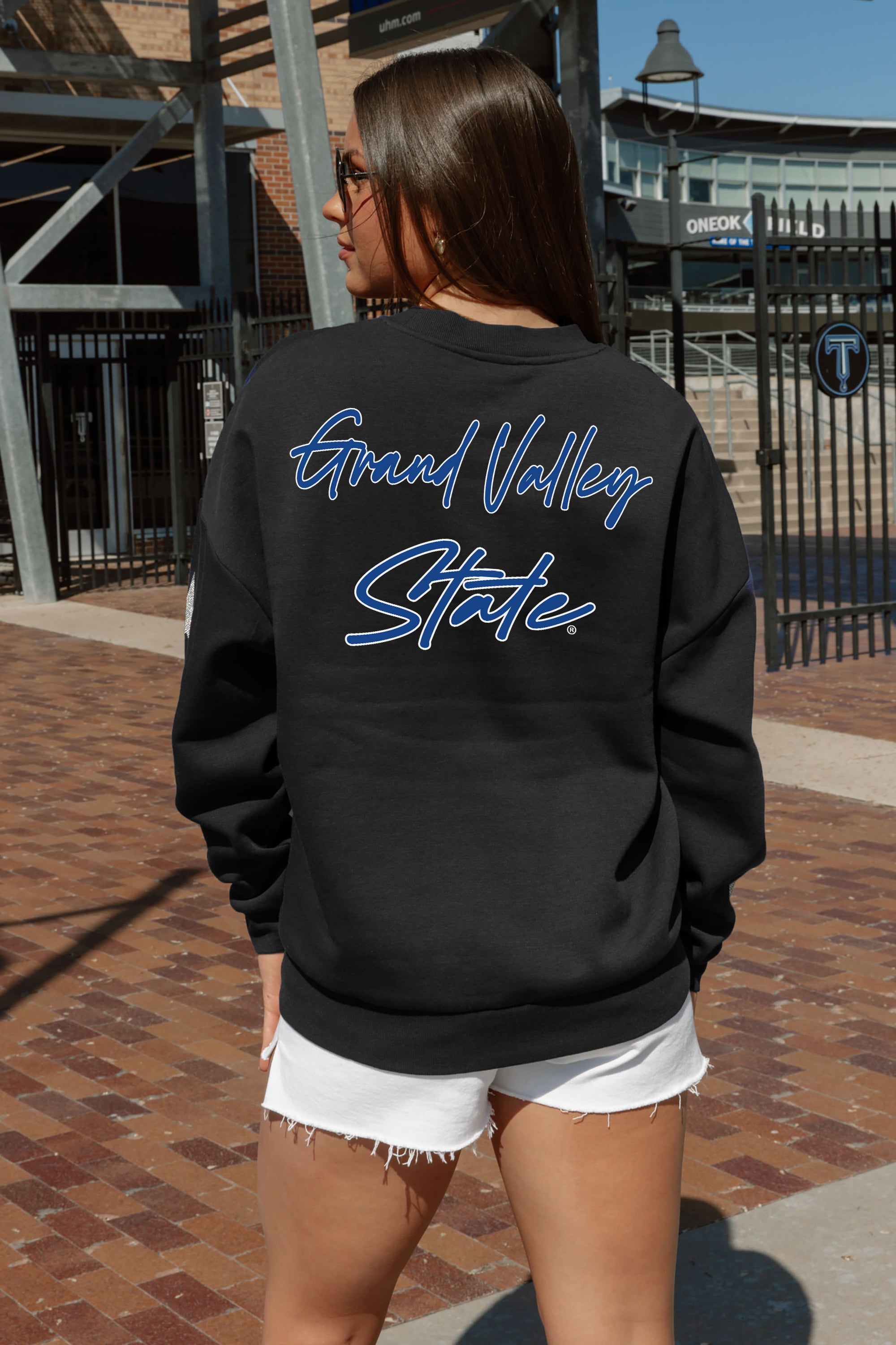 Grand Valley State Script Text on Black Pullover - Back View Detail | Gameday Couture - SOHO