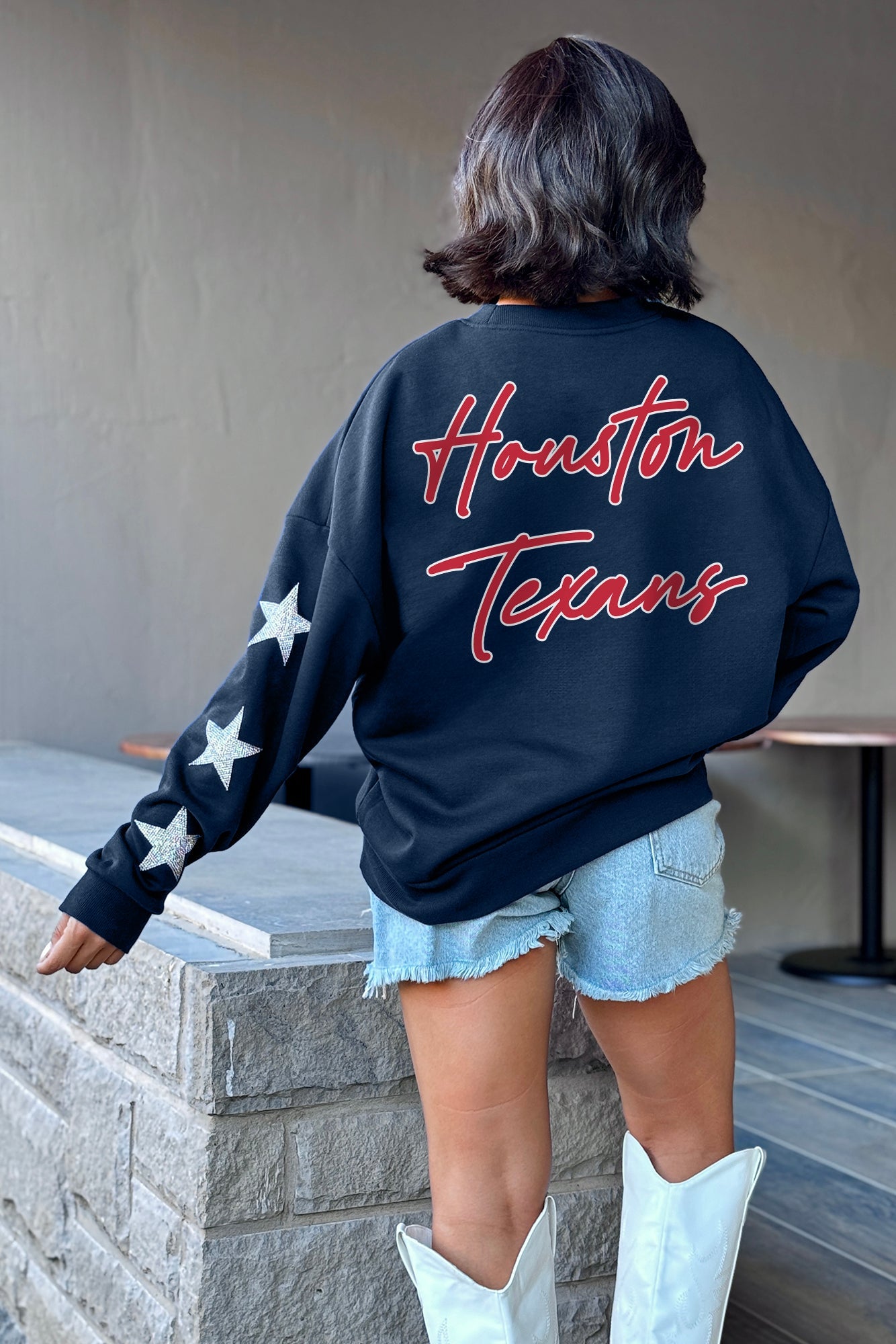 HOUSTON TEXANS RADIANT ENERGY EMBELLISHED STAR SLEEVE CREWNECK PULLOVER