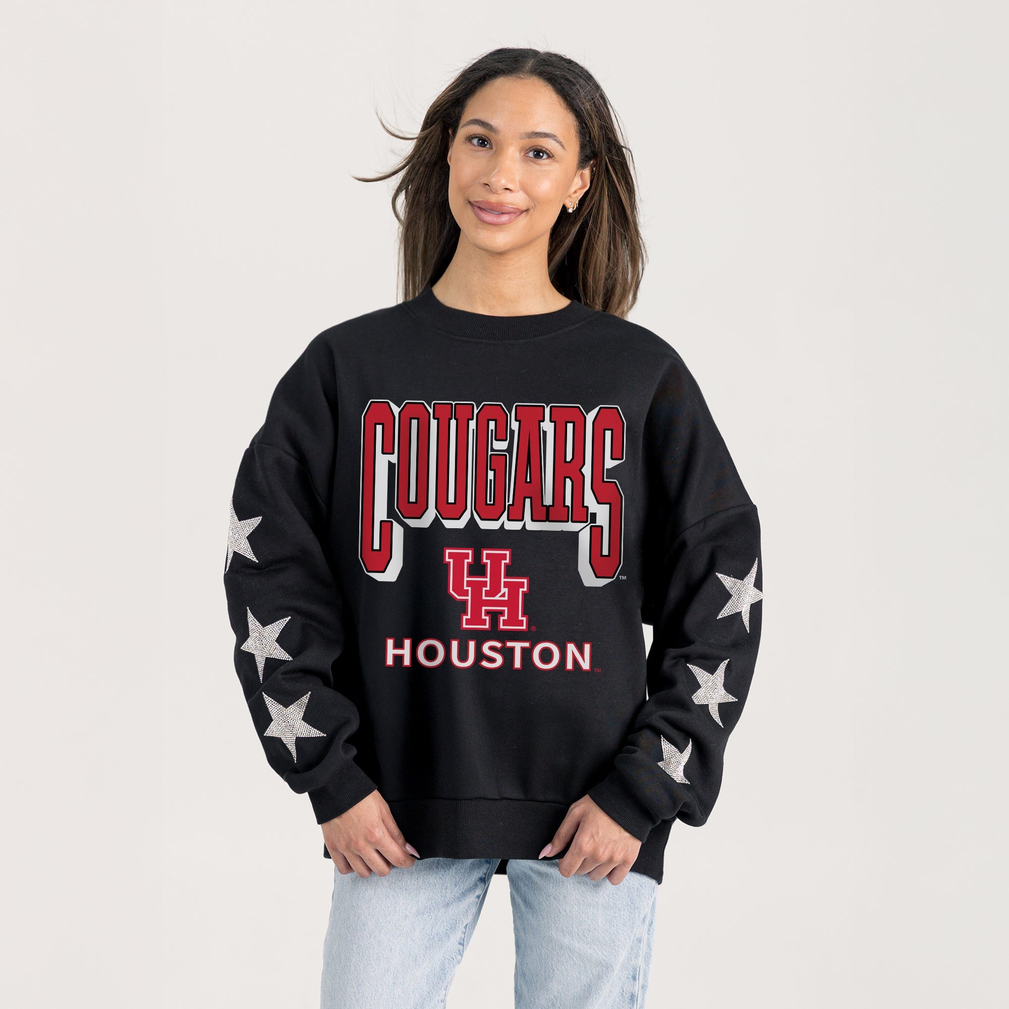 HOUSTON COUGARS PURE VICTORY EMBELLISHED STAR SLEEVE CREWNECK PULLOVER
