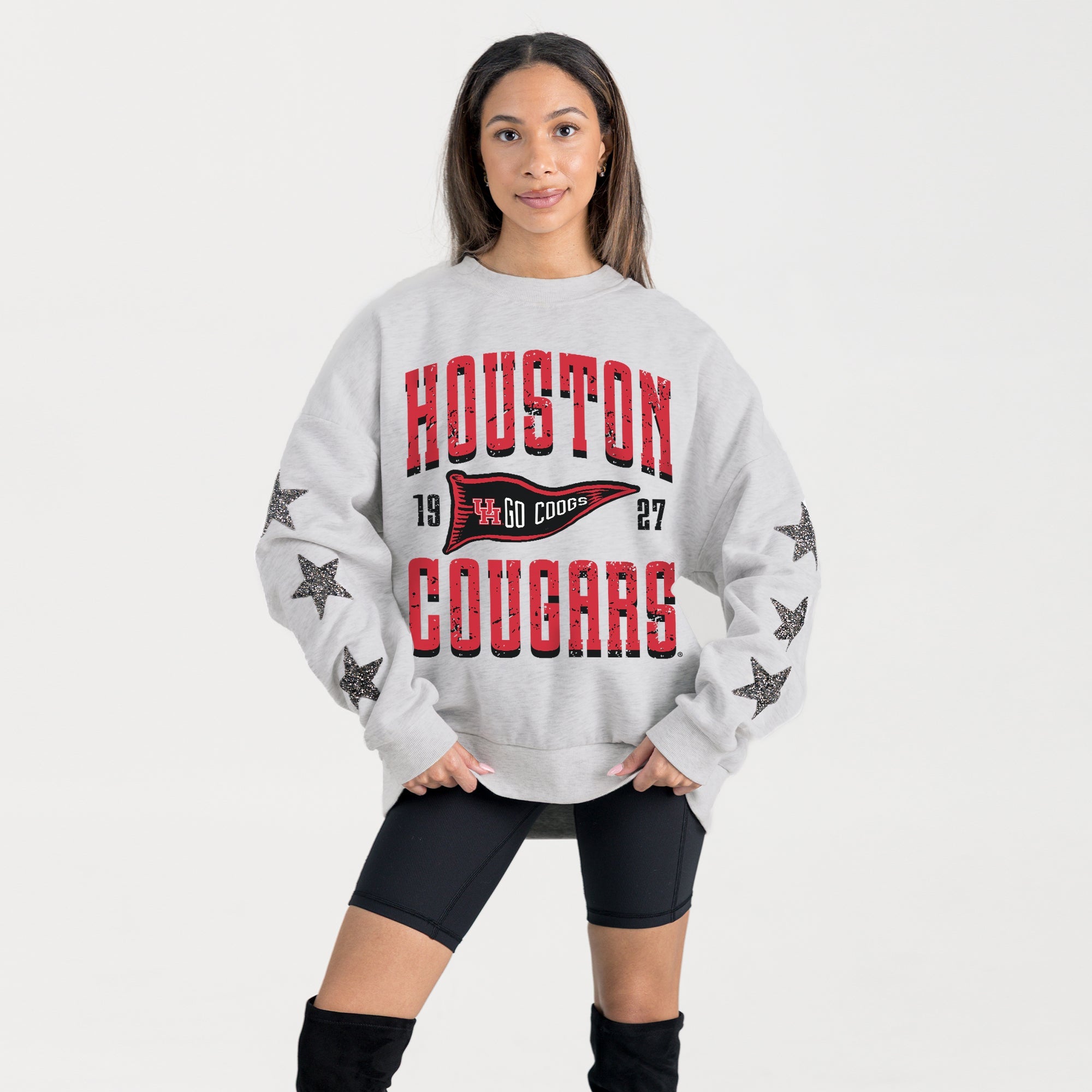 HOUSTON COUGARS PENNANT PRIDE EMBELLISHED STAR SLEEVE CREWNECK PULLOVER