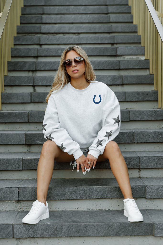 INDIANAPOLIS COLTS RADIANT ENERGY EMBELLISHED STAR SLEEVE CREWNECK PULLOVER