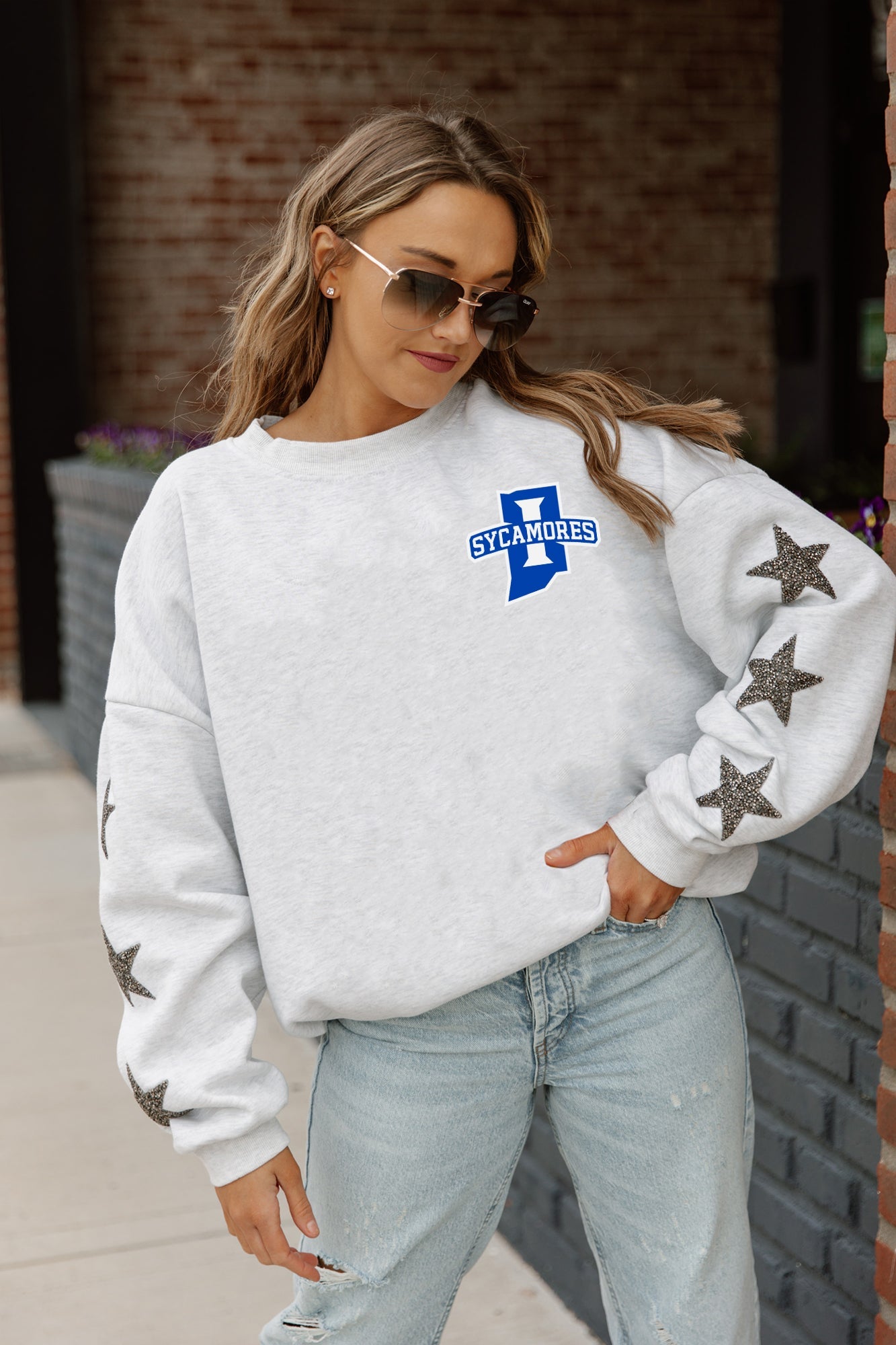 INDIANA STATE SYCAMORES DEDICATION EMBELLISHED STAR SLEEVE CREWNECK PULLOVER