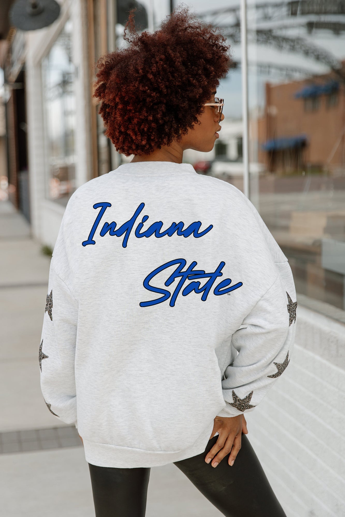 INDIANA STATE SYCAMORES DEDICATION EMBELLISHED STAR SLEEVE CREWNECK PULLOVER