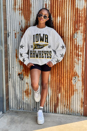 IOWA HAWKEYES PENNANT PRIDE EMBELLISHED STAR SLEEVE CREWNECK PULLOVER