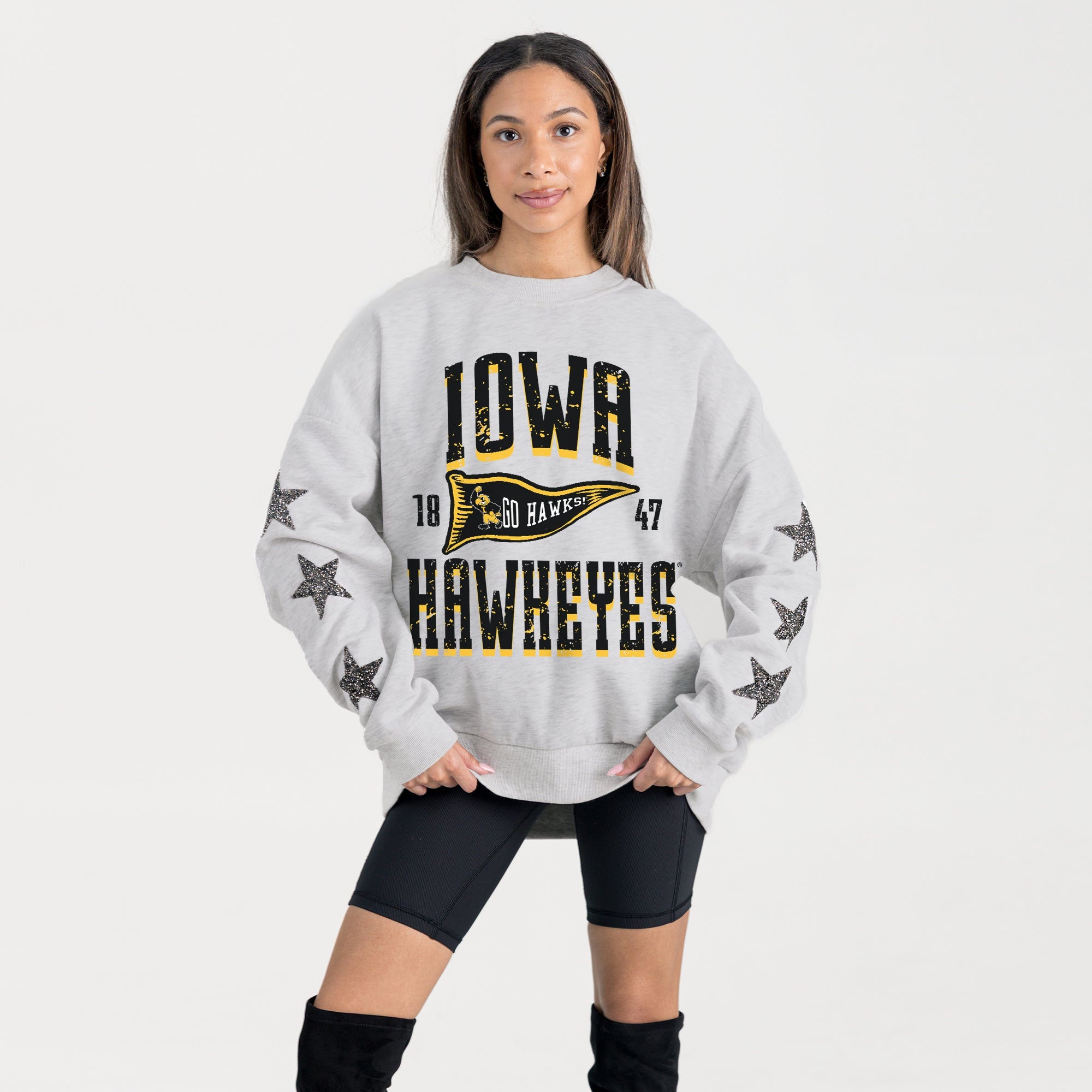 IOWA HAWKEYES PENNANT PRIDE EMBELLISHED STAR SLEEVE CREWNECK PULLOVER