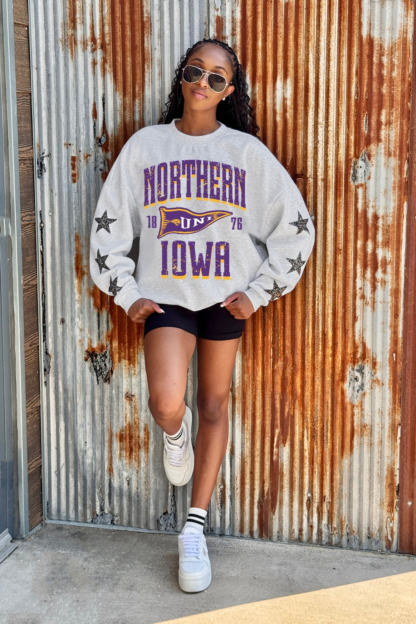 NORTHERN IOWA PANTHERS PENNANT PRIDE EMBELLISHED STAR SLEEVE CREWNECK PULLOVER