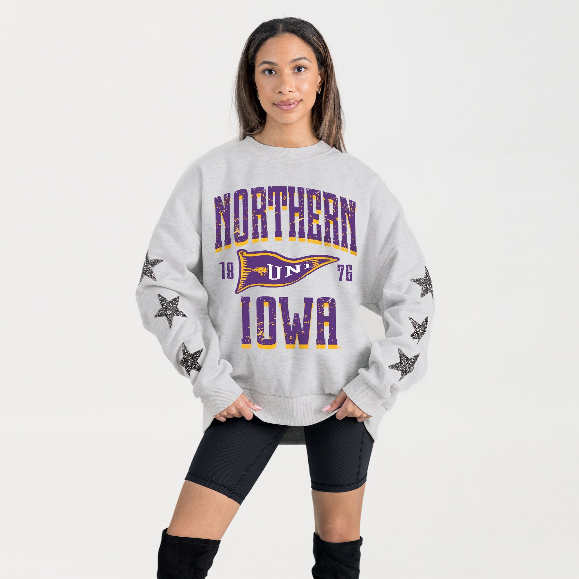 NORTHERN IOWA PANTHERS PENNANT PRIDE EMBELLISHED STAR SLEEVE CREWNECK PULLOVER