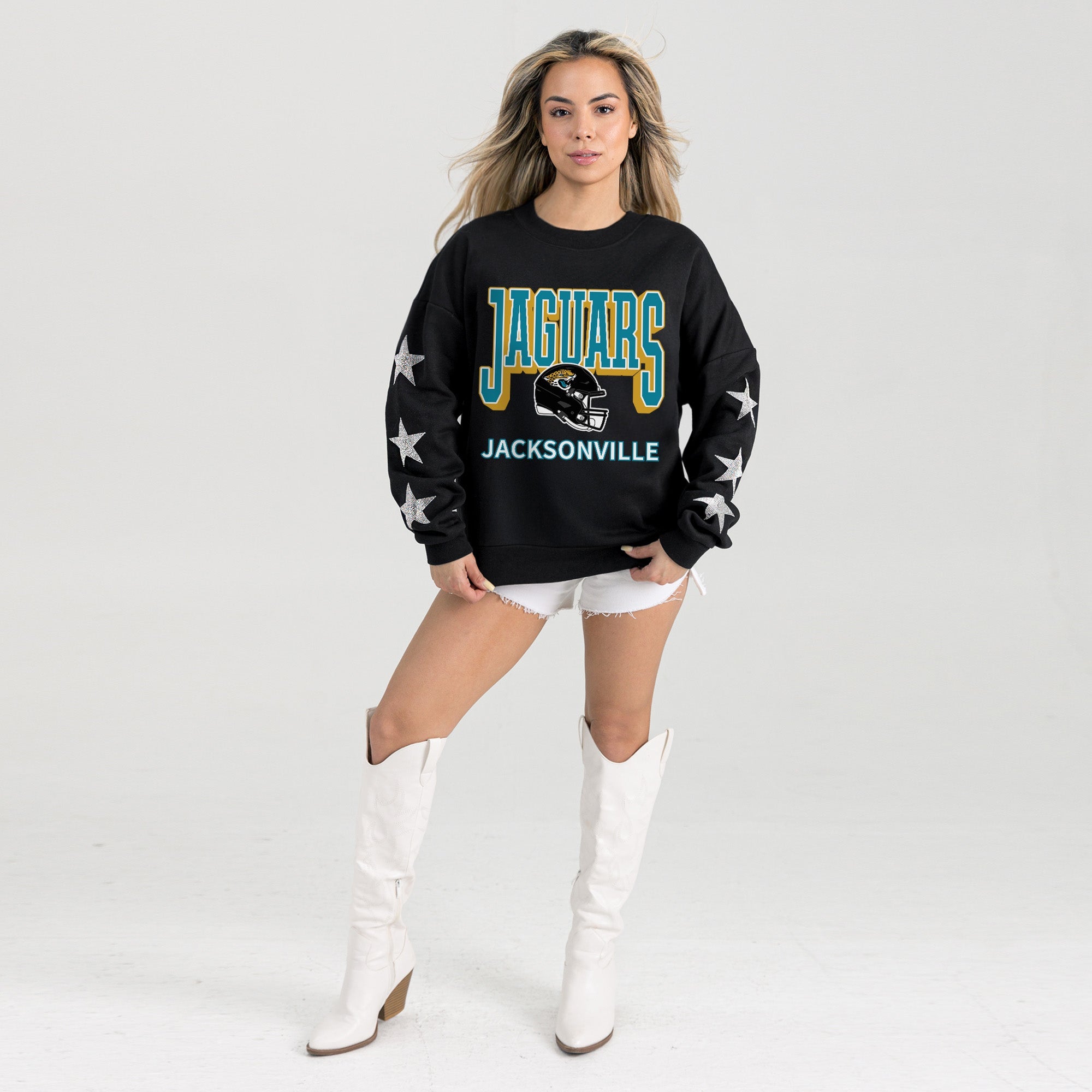 JACKSONVILLE JAGUARS PURE VICTORY STAR EMBELLISHED CREW SWEATSHIRT