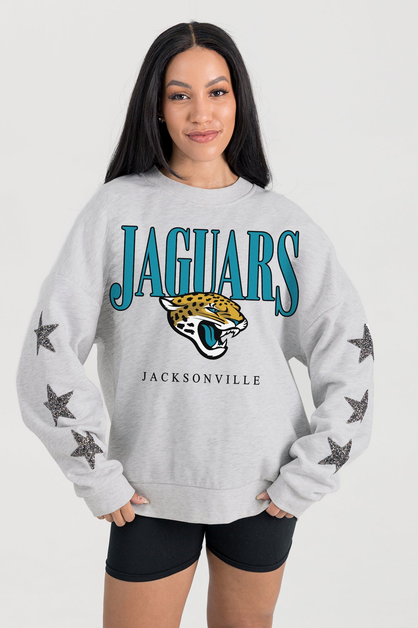 JACKSONVILLE JAGUARS BOLD PLAY STAR EMBELLISHED CREW SWEATSHIRT BY RANDI MAHOMES
