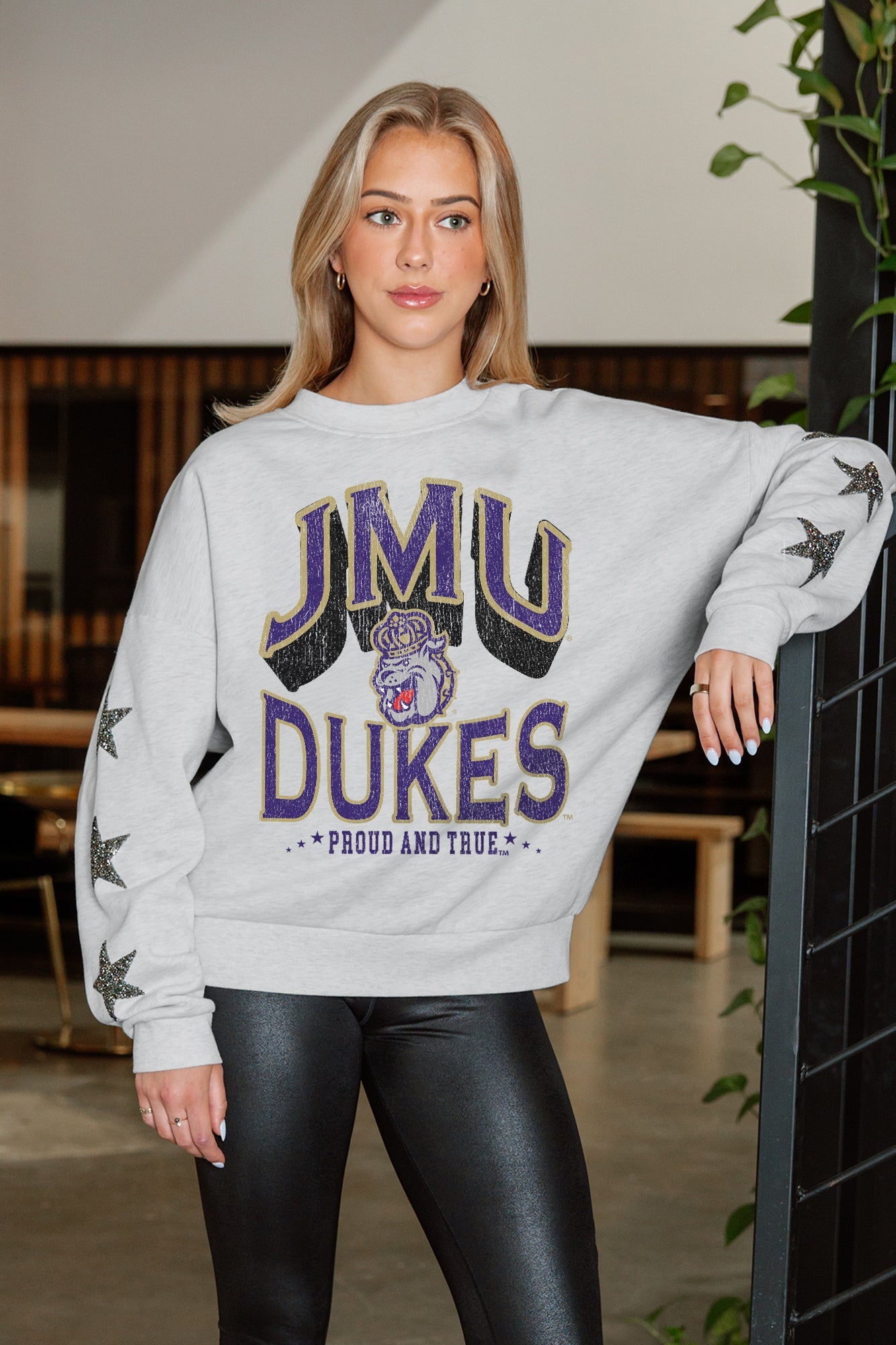 JAMES MADISON DUKES RESILIENCE STAR EMBELLISHED CREW SWEATSHIRT