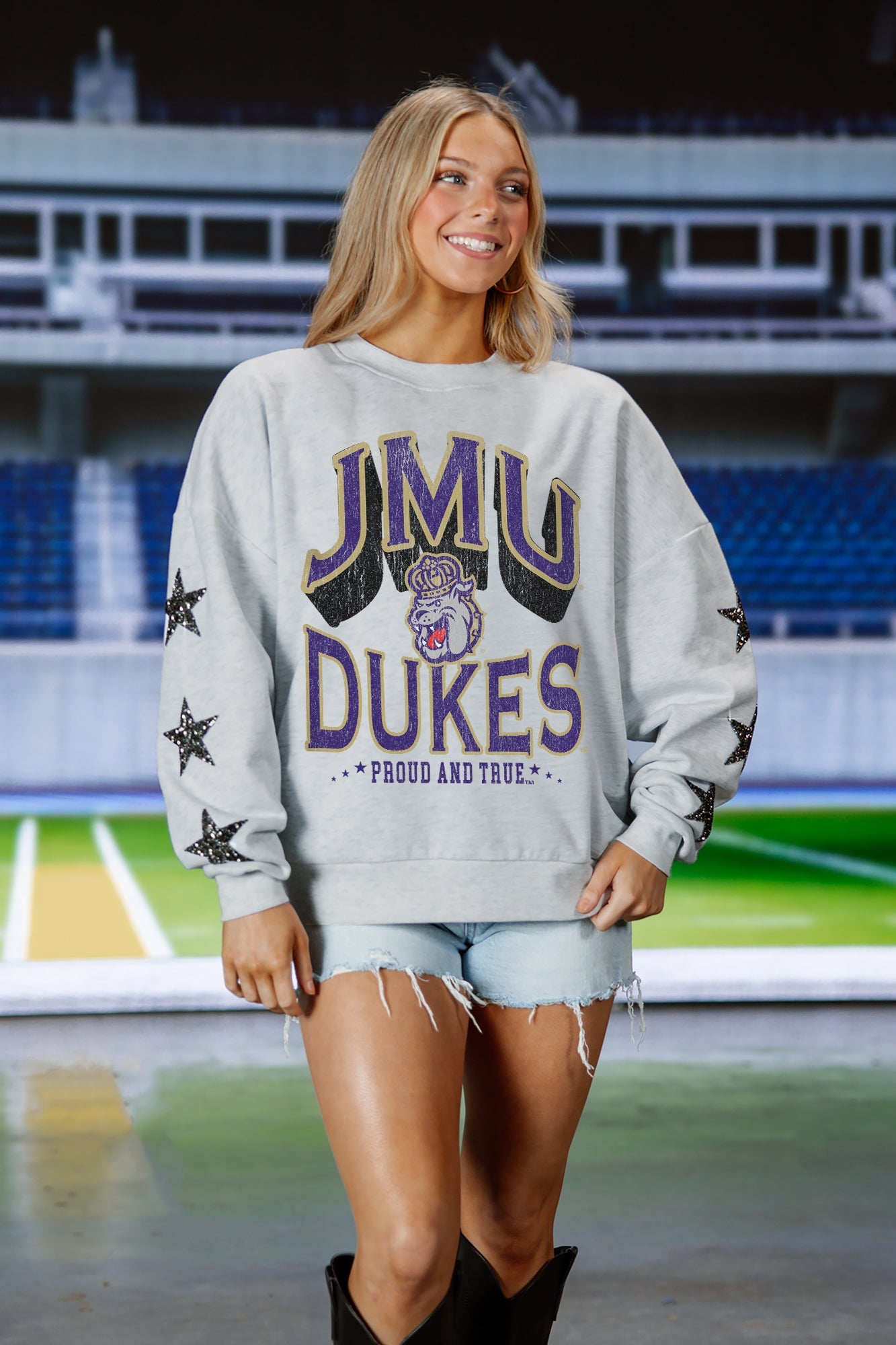 JAMES MADISON DUKES RESILIENCE STAR EMBELLISHED CREW SWEATSHIRT
