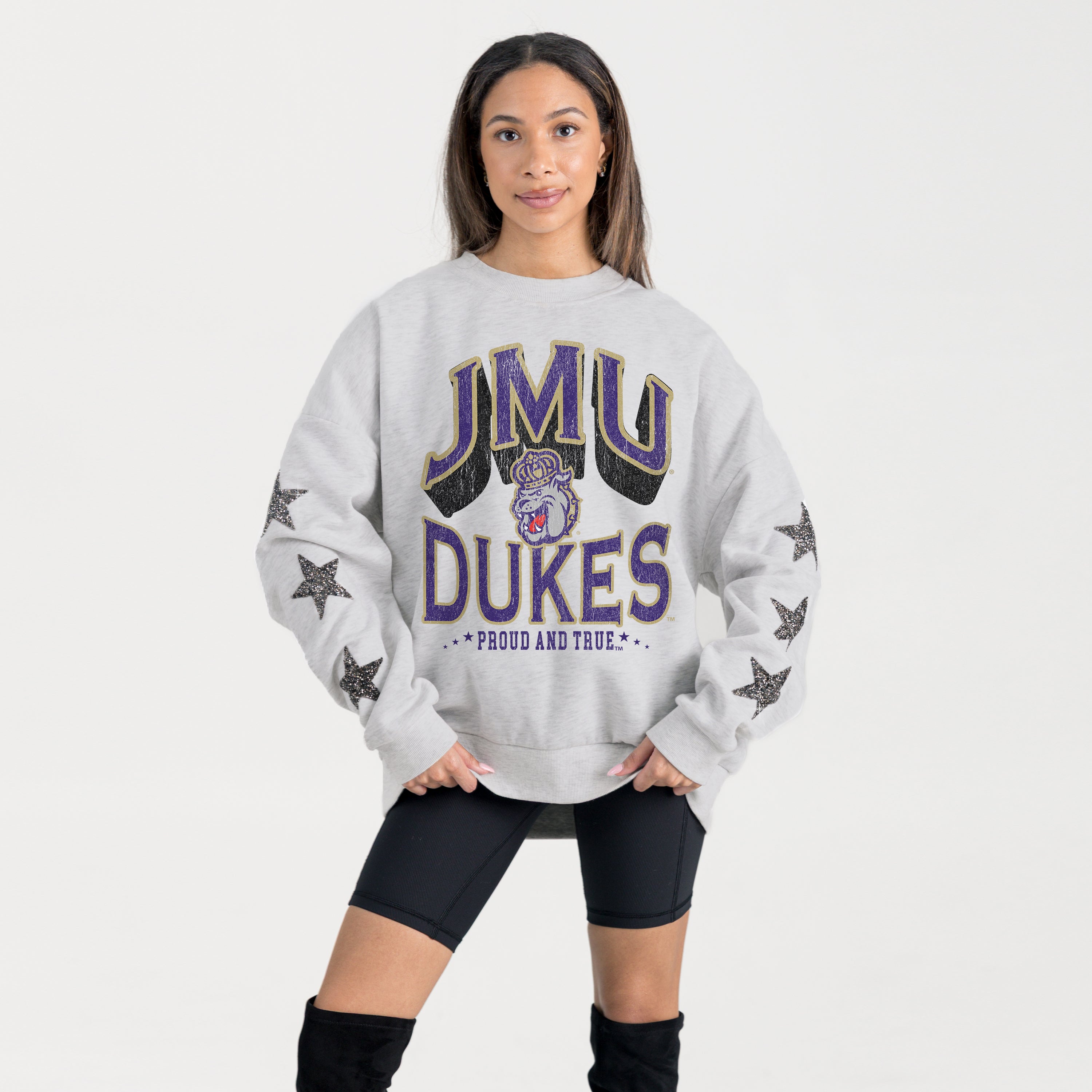 JAMES MADISON DUKES RESILIENCE STAR EMBELLISHED CREW SWEATSHIRT