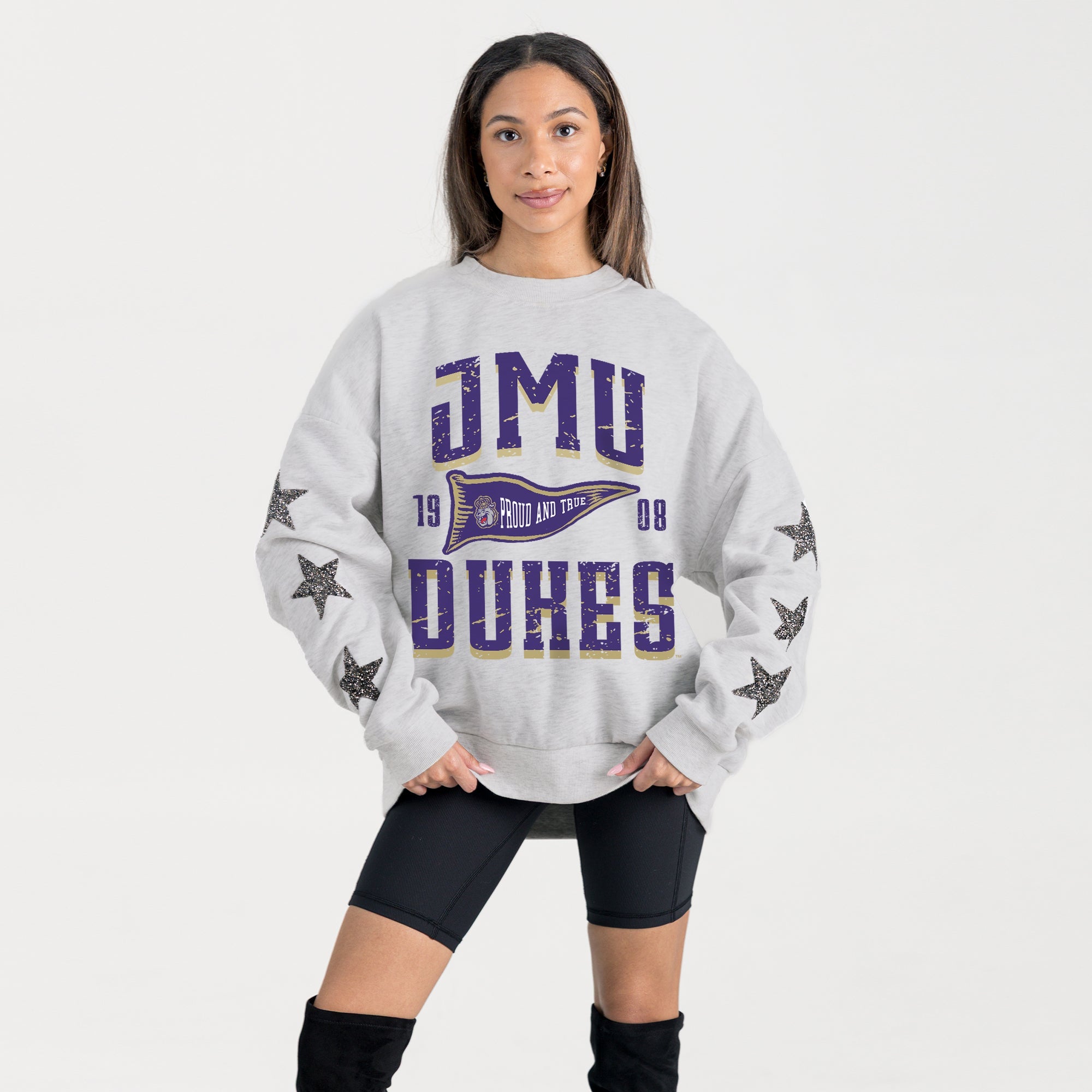 JAMES MADISON DUKES PENNANT PRIDE EMBELLISHED STAR SLEEVE CREWNECK PULLOVER