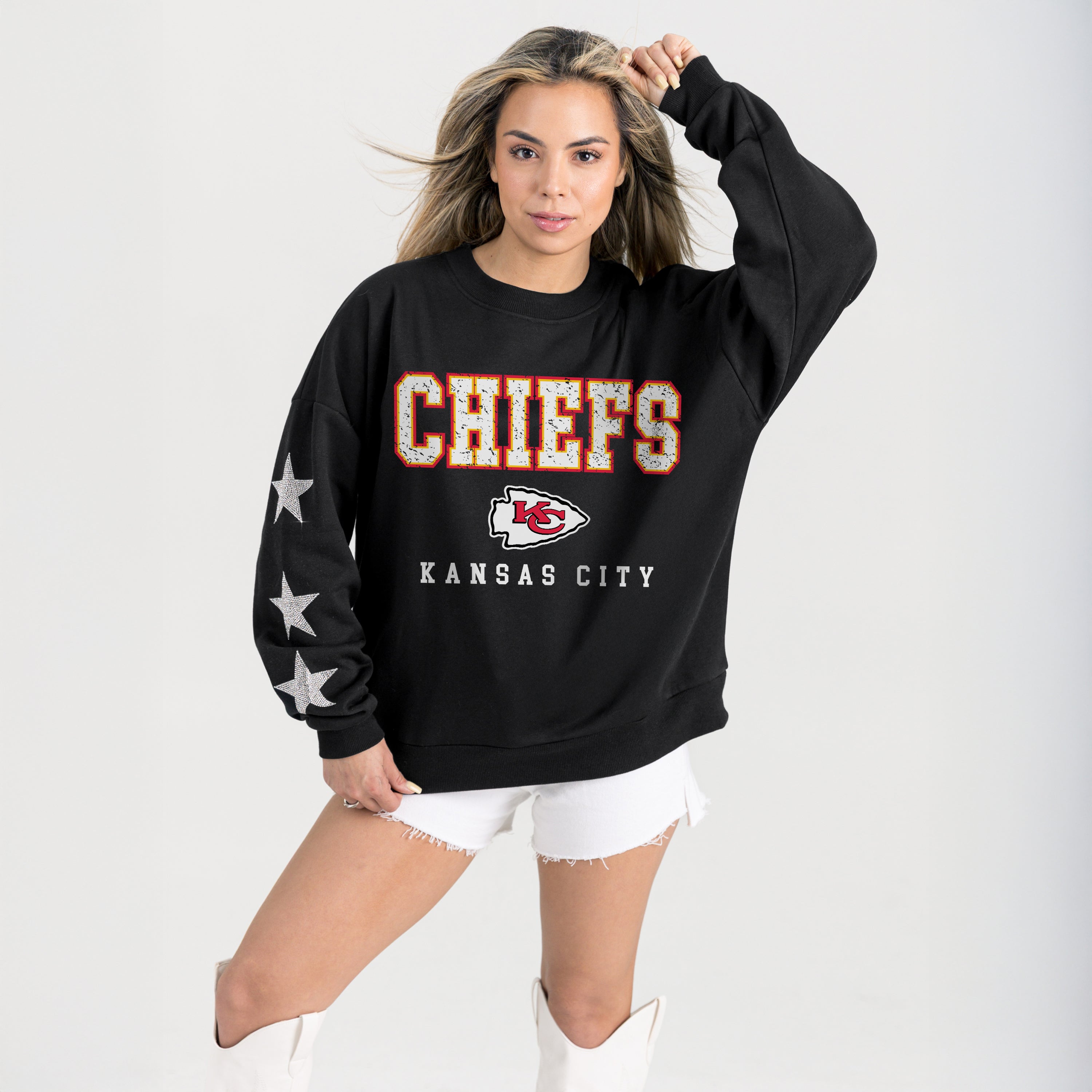 KANSAS CITY CHIEFS VELOCITY STAR EMBELLISHED CREW SWEATSHIRT