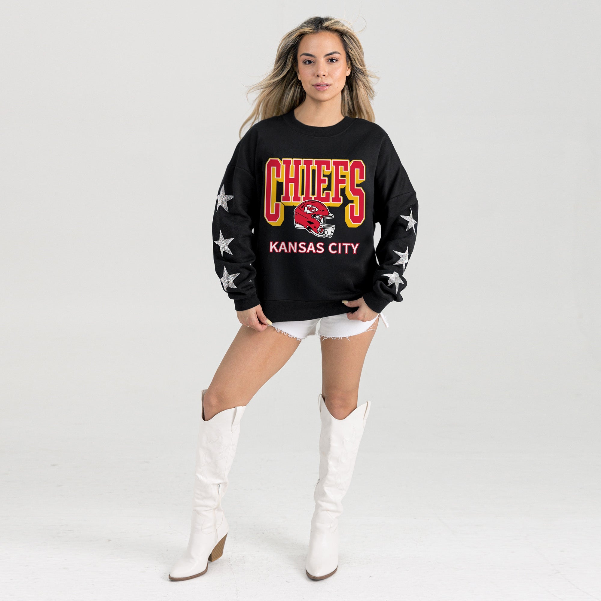KANSAS CITY CHIEFS PURE VICTORY STAR EMBELLISHED CREW SWEATSHIRT
