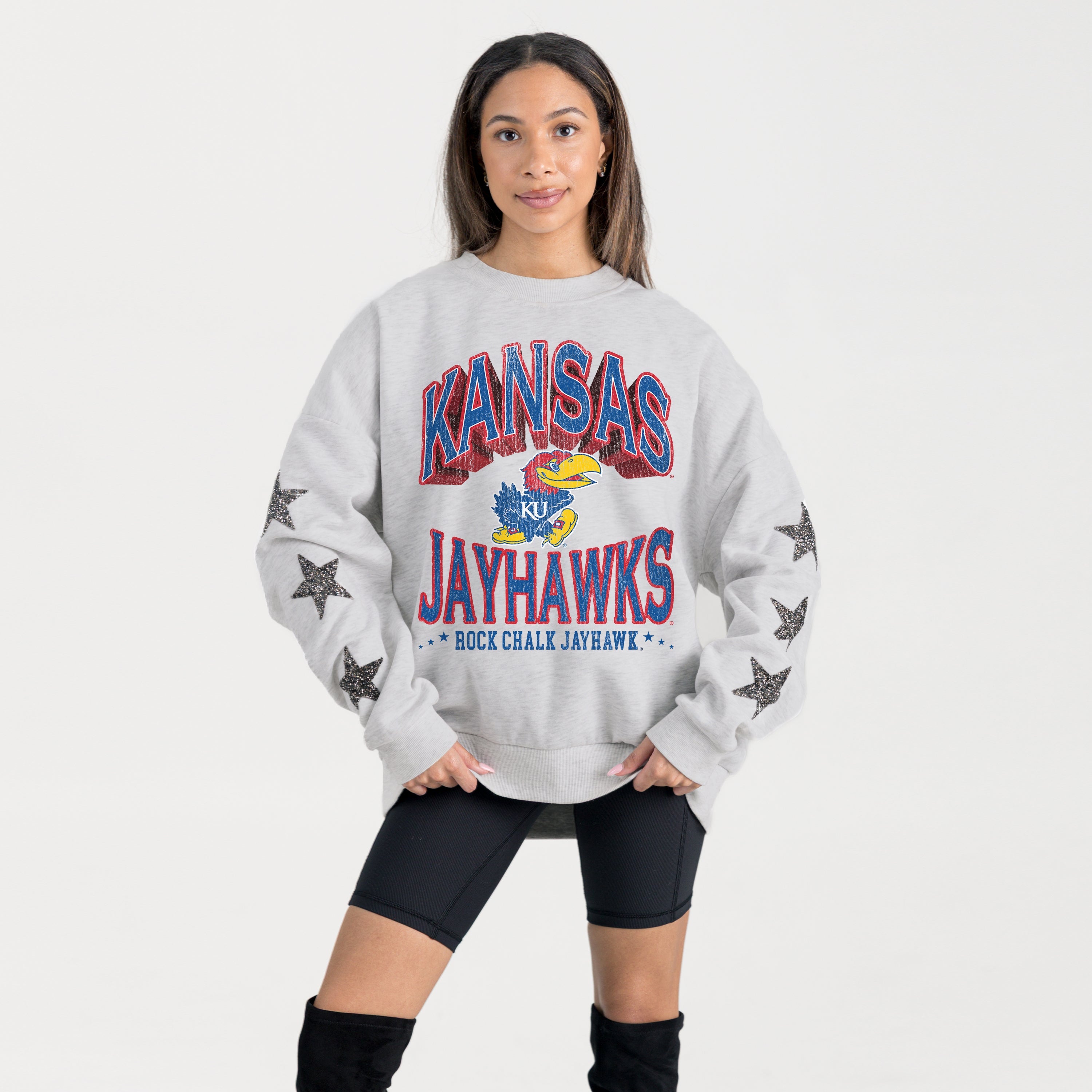 KANSAS JAYHAWKS RESILIENCE STAR EMBELLISHED CREW SWEATSHIRT