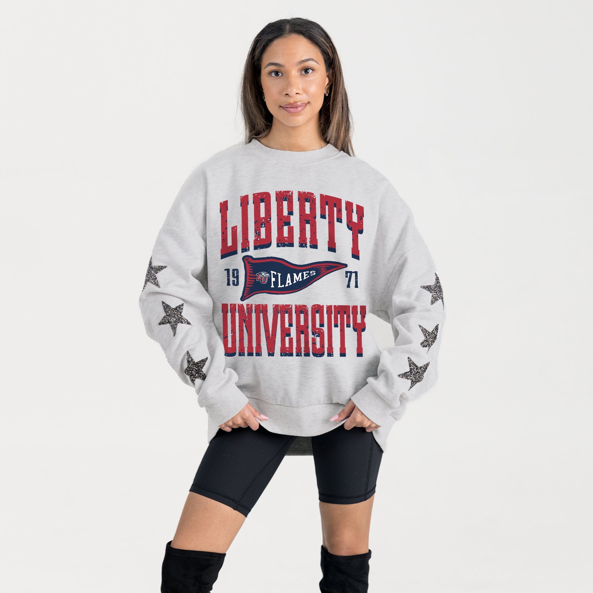 LIBERTY FLAMES PENNANT PRIDE EMBELLISHED STAR SLEEVE CREWNECK PULLOVER