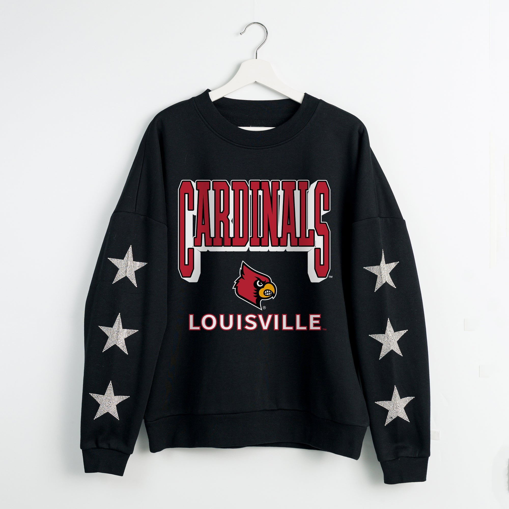 LOUISVILLE CARDINALS PURE VICTORY EMBELLISHED STAR SLEEVE CREWNECK PULLOVER