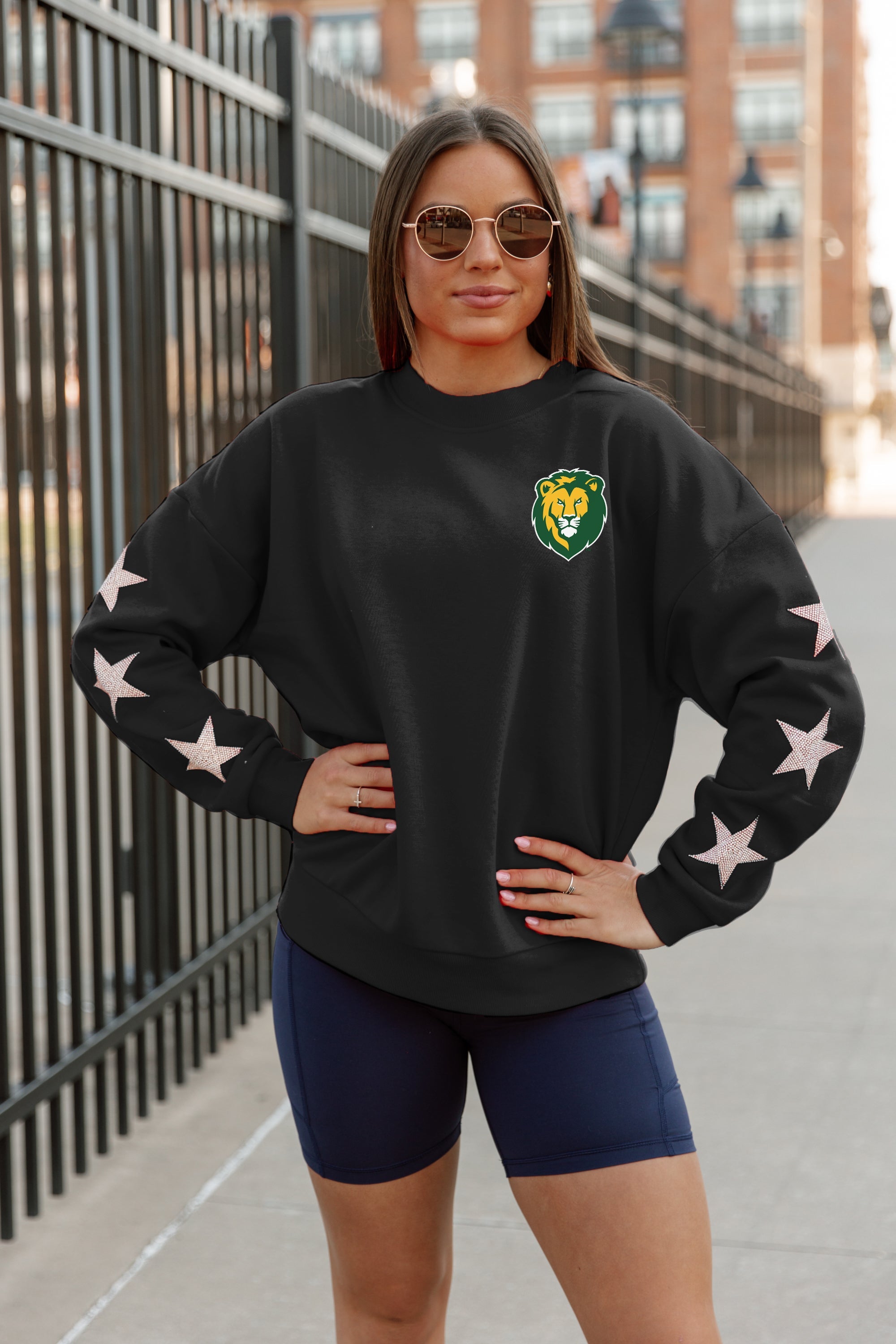 Black Southeastern Louisiana Lions Dedication Crewneck Pullover - On Model Full Length Front View | Gameday Couture - SOHO