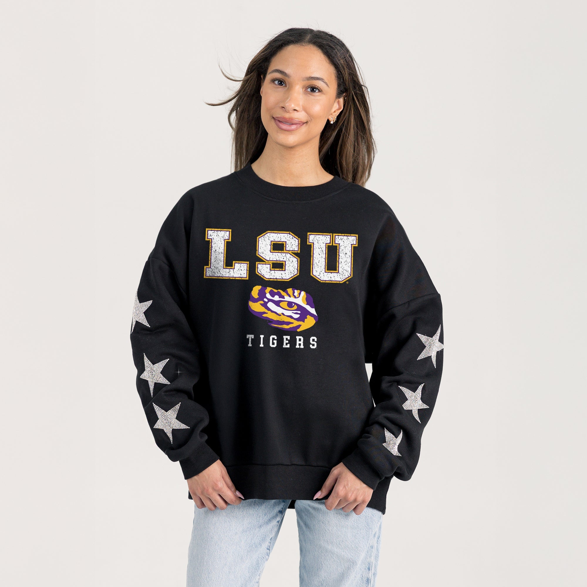 LSU TIGERS VELOCITY STAR EMBELLISHED CREW SWEATSHIRT