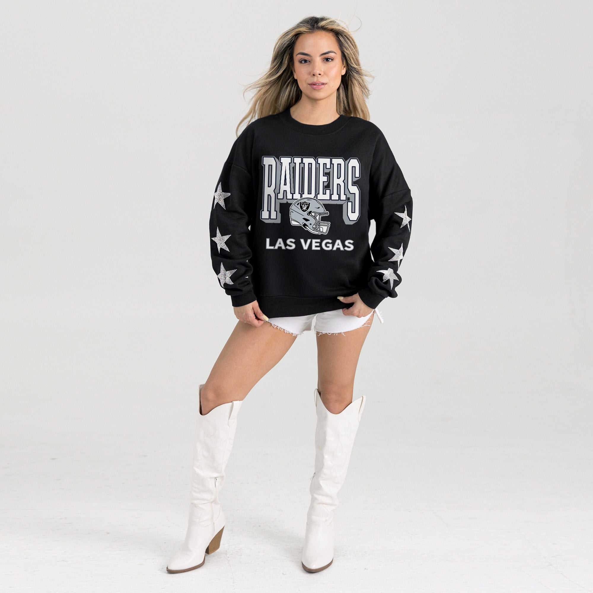 LAS VEGAS RAIDERS PURE VICTORY STAR EMBELLISHED CREW SWEATSHIRT