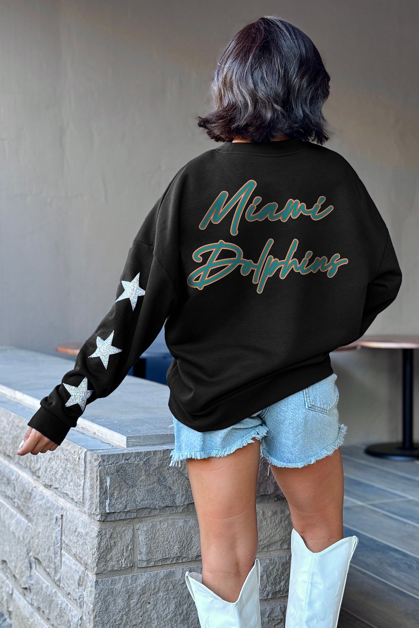 MIAMI DOLPHINS RADIANT ENERGY EMBELLISHED STAR SLEEVE CREWNECK PULLOVER IN BLACK