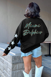 MIAMI DOLPHINS RADIANT ENERGY EMBELLISHED STAR SLEEVE CREWNECK PULLOVER IN BLACK
