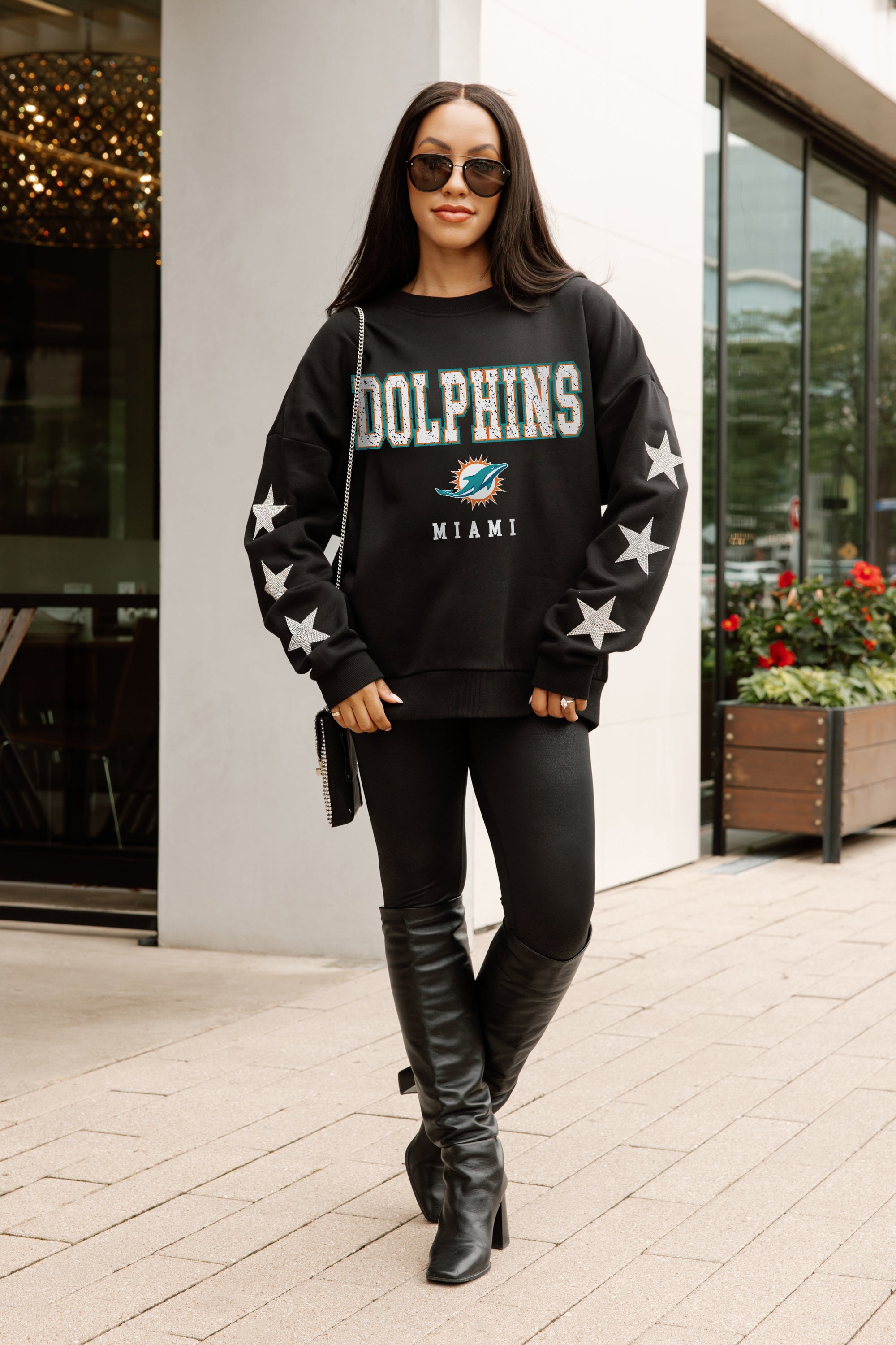 MIAMI DOLPHINS VELOCITY STAR EMBELLISHED CREW SWEATSHIRT