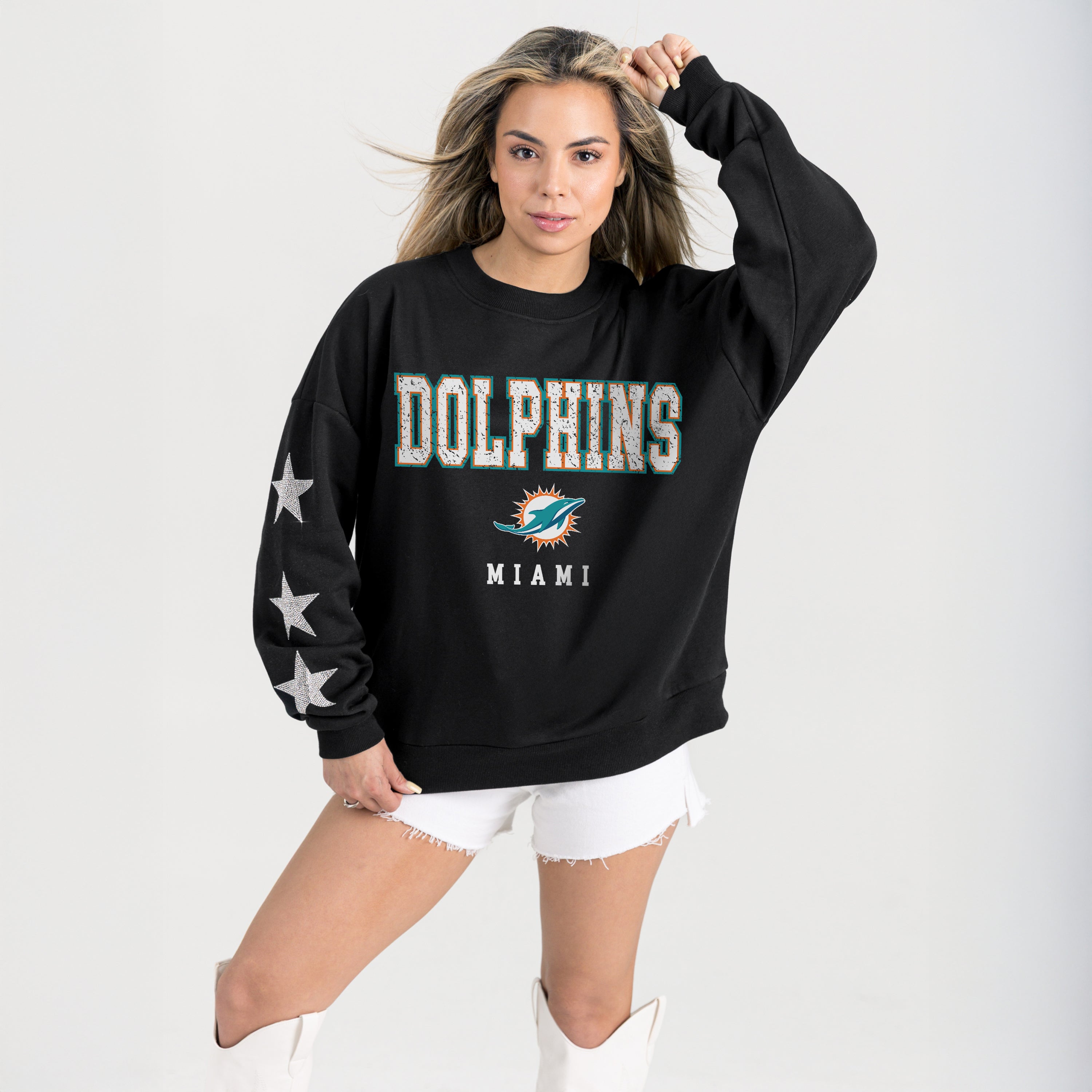 MIAMI DOLPHINS VELOCITY STAR EMBELLISHED CREW SWEATSHIRT