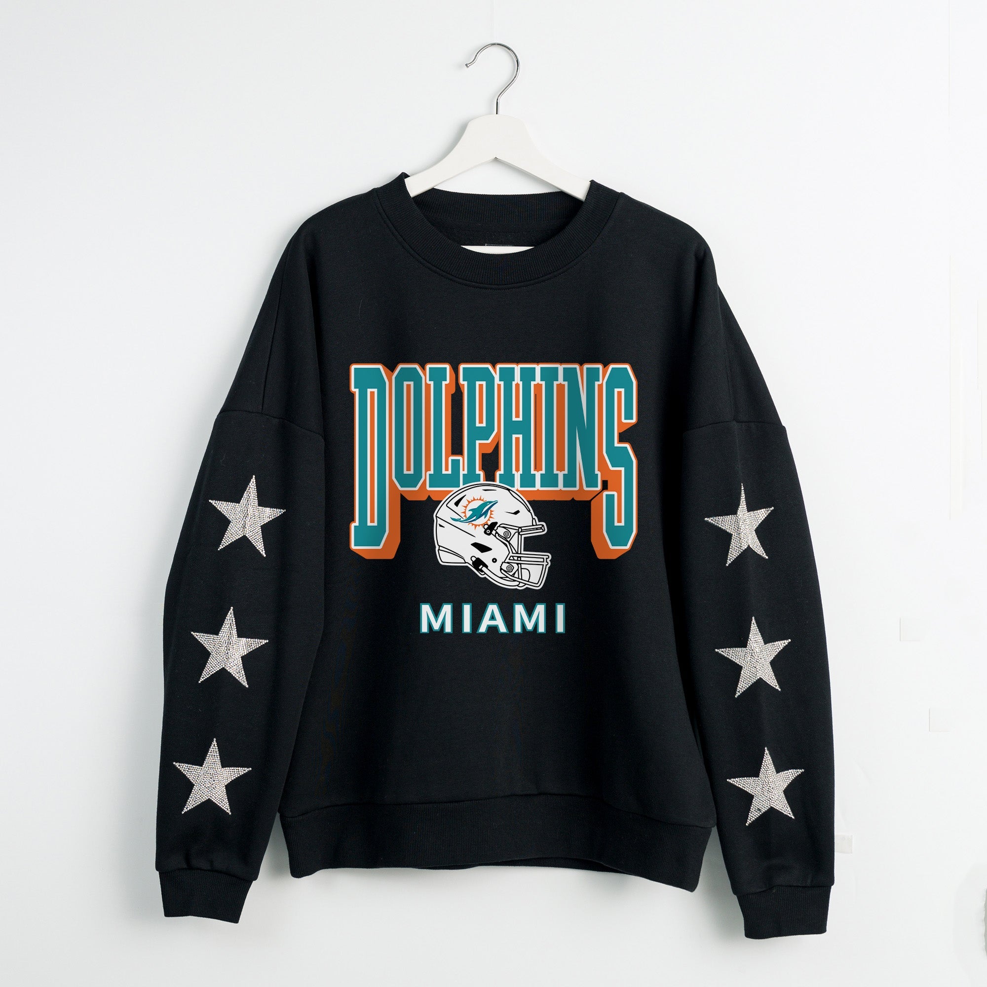 MIAMI DOLPHINS PURE VICTORY STAR EMBELLISHED CREW SWEATSHIRT