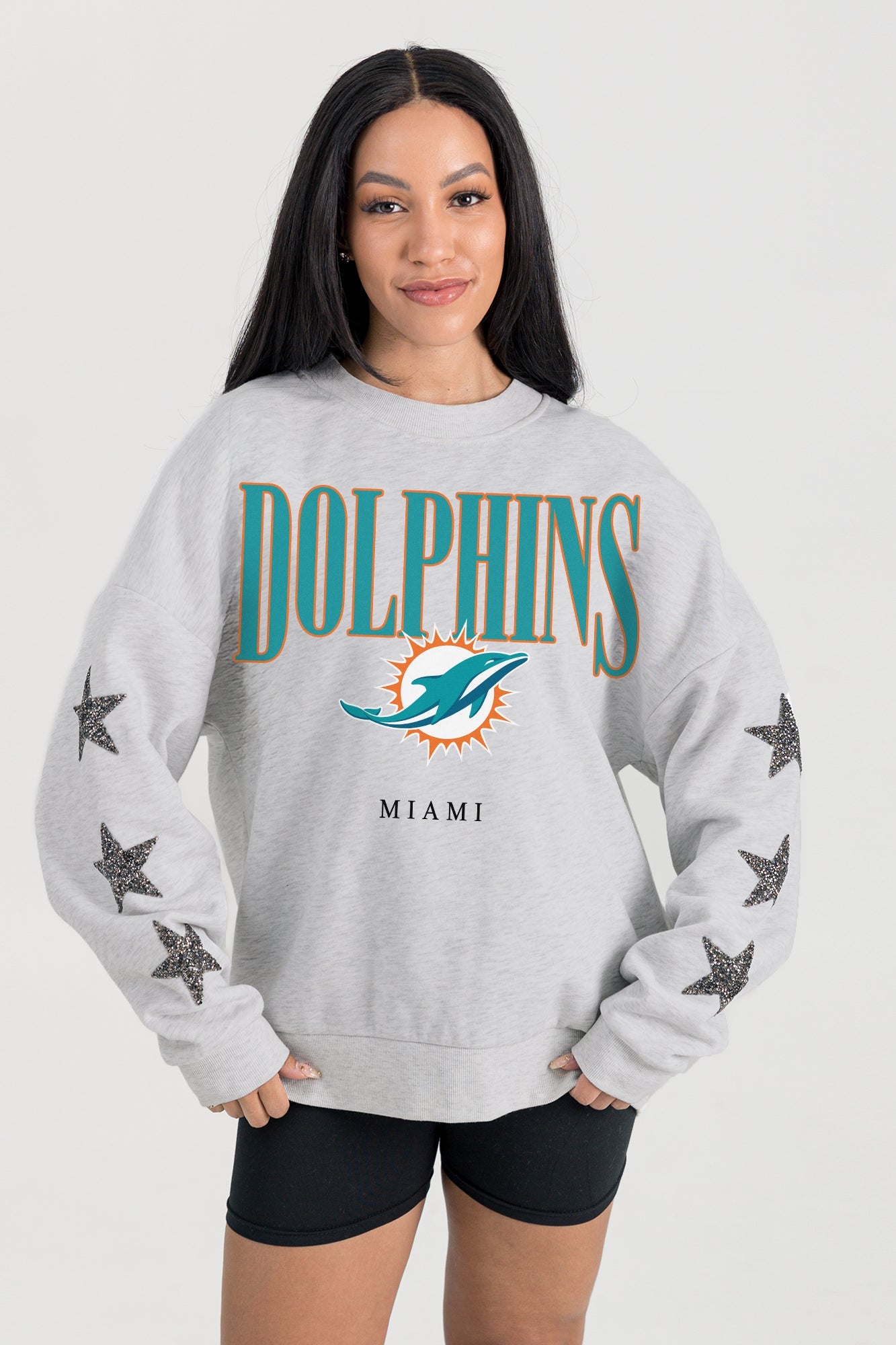 MIAMI DOLPHINS BOLD PLAY STAR EMBELLISHED CREW SWEATSHIRT BY RANDI MAHOMES