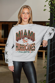 Ash Grey Miami Hurricanes Star Embellished Fleece Pullover - Front Close-Up On Model | Gameday Couture - SOHO