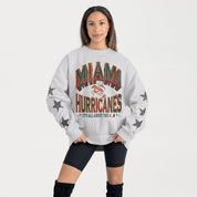 Ash Grey Miami Hurricanes Sweatshirt - Front On Model Studio View with Rhinestud Star Sleeve | Gameday Couture - SOHO