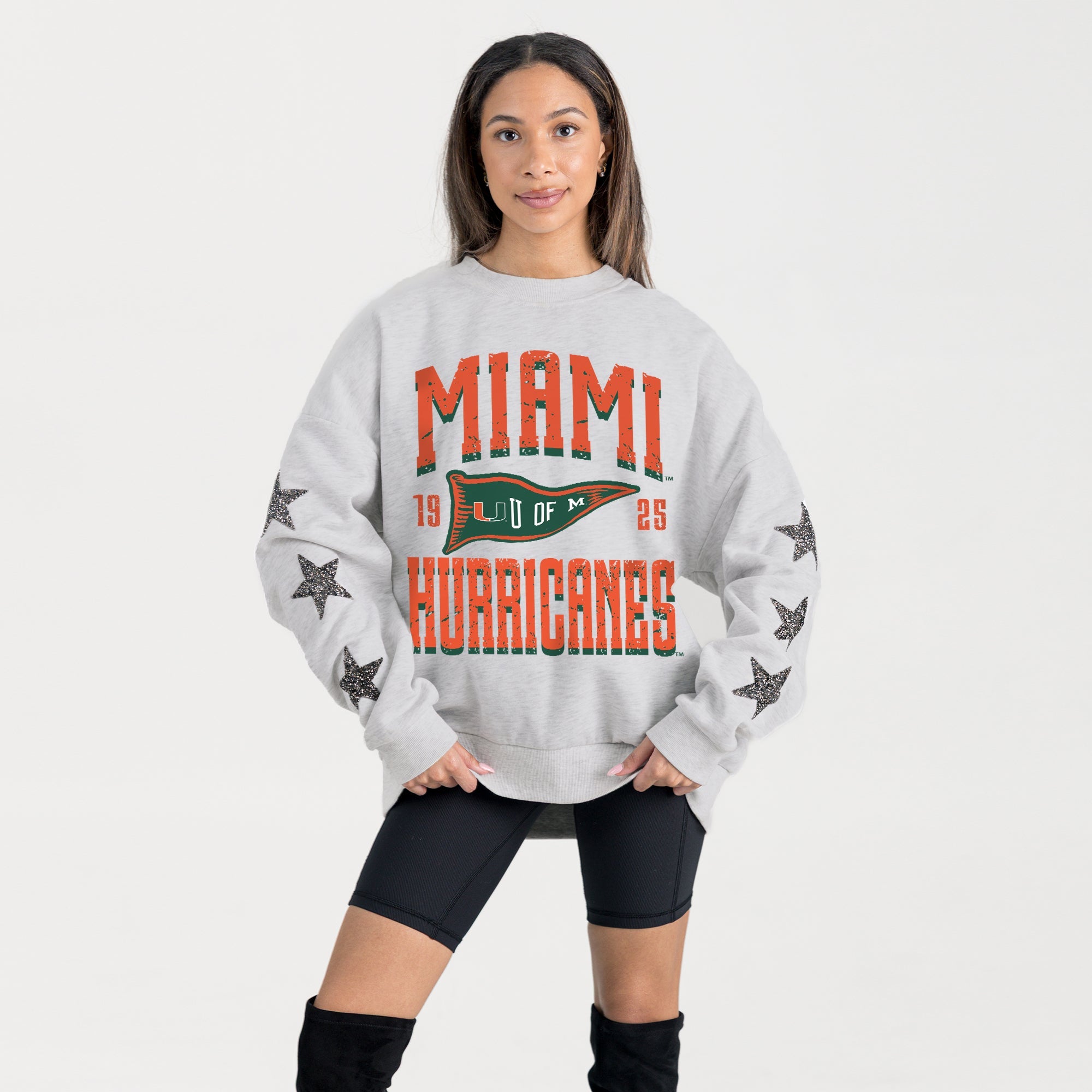 MIAMI HURRICANES PENNANT PRIDE EMBELLISHED STAR SLEEVE CREWNECK PULLOVER