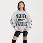 MICHIGAN WOLVERINES PENNANT PRIDE EMBELLISHED STAR SLEEVE CREWNECK PULLOVER
