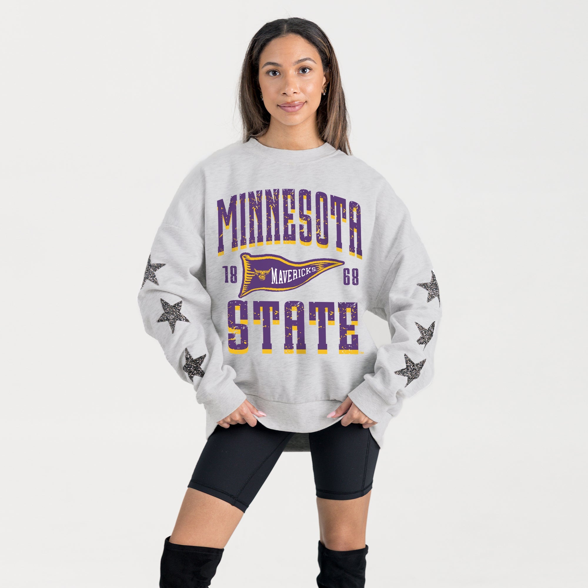 MINNESOTA STATE MANKATO MAVERICKS PENNANT PRIDE EMBELLISHED STAR SLEEVE CREWNECK PULLOVER