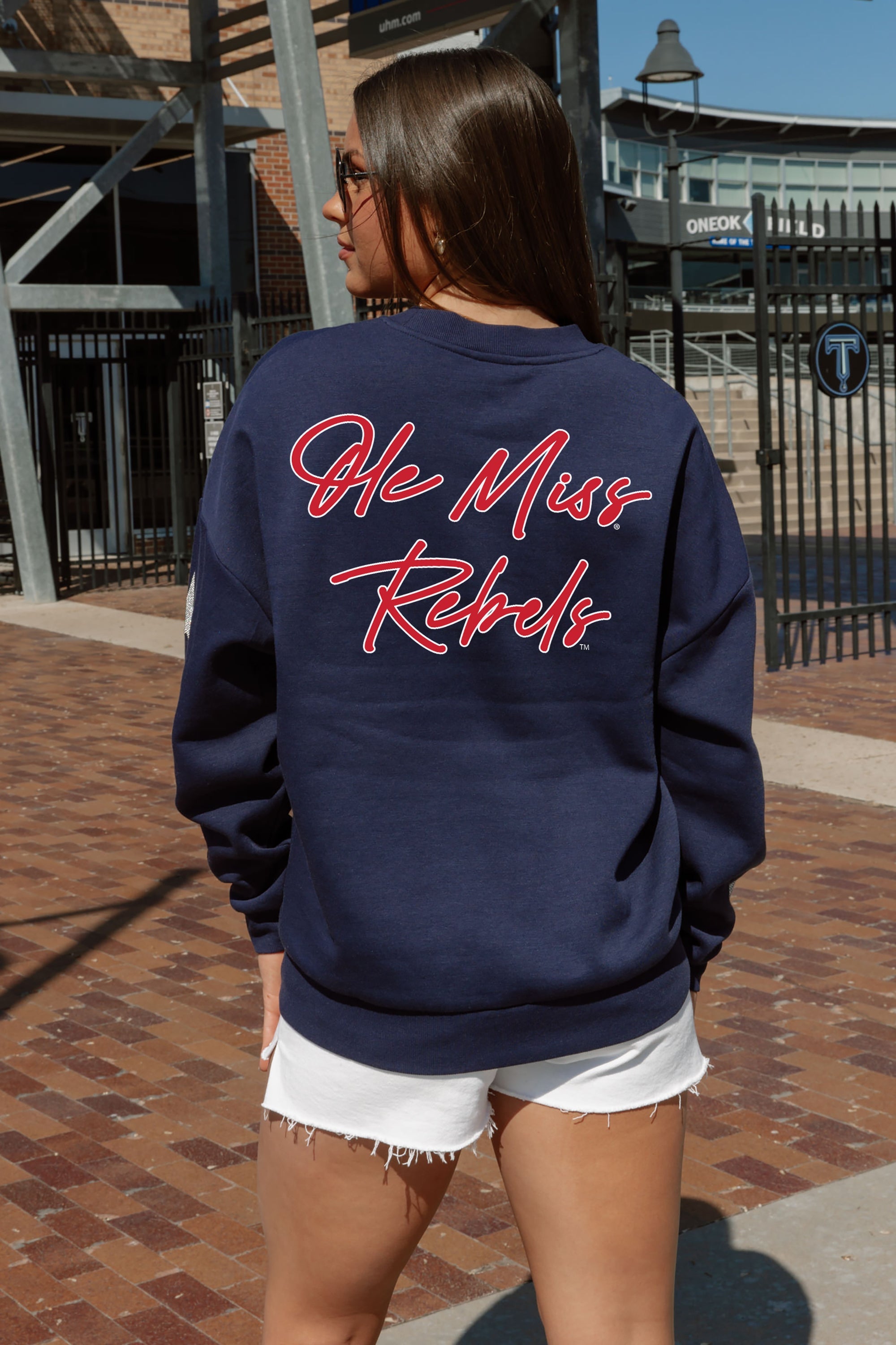 OLE MISS REBELS DEDICATION EMBELLISHED STAR SLEEVE CREWNECK PULLOVER