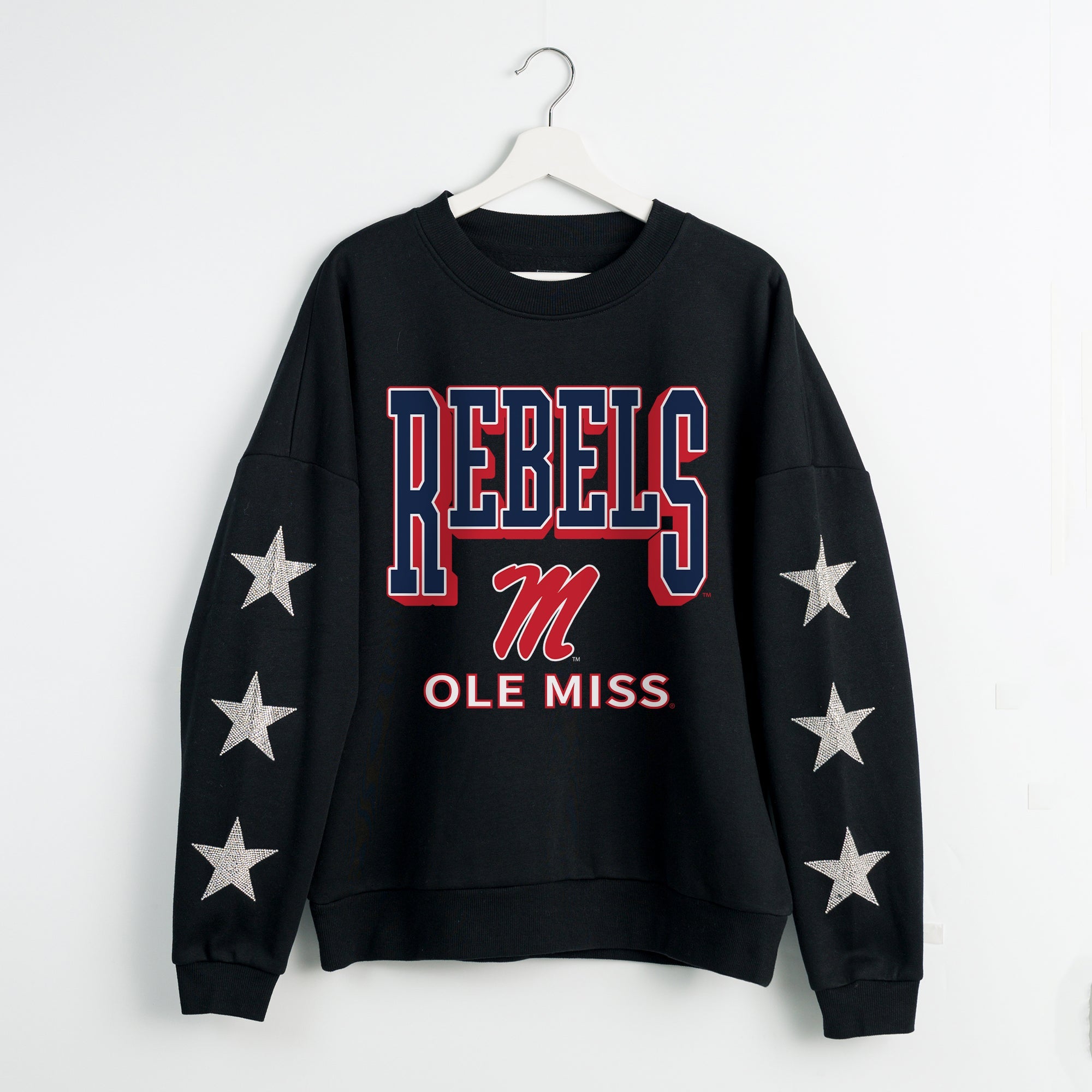 OLE MISS REBELS PURE VICTORY EMBELLISHED STAR SLEEVE CREWNECK PULLOVER