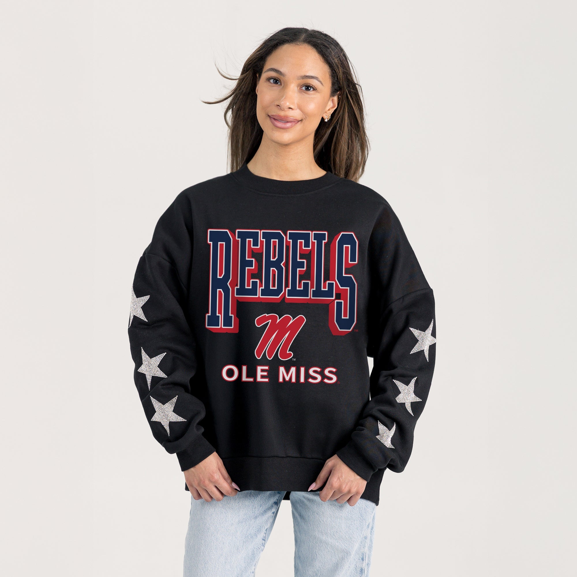OLE MISS REBELS PURE VICTORY EMBELLISHED STAR SLEEVE CREWNECK PULLOVER