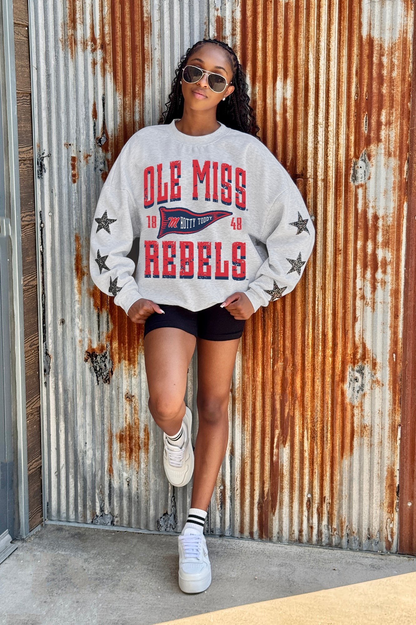 OLE MISS REBELS PENNANT PRIDE EMBELLISHED STAR SLEEVE CREWNECK PULLOVER
