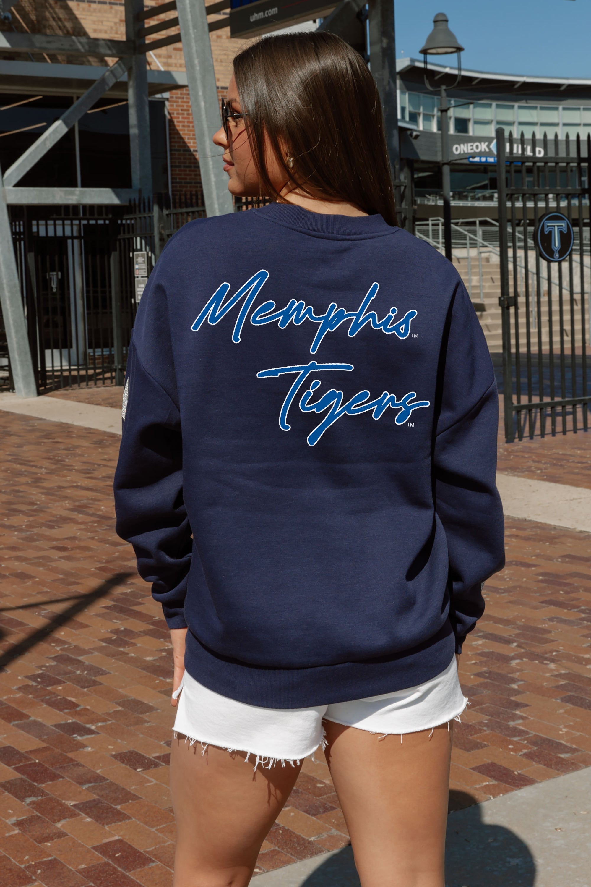 MEMPHIS TIGERS DEDICATION EMBELLISHED STAR SLEEVE CREWNECK PULLOVER