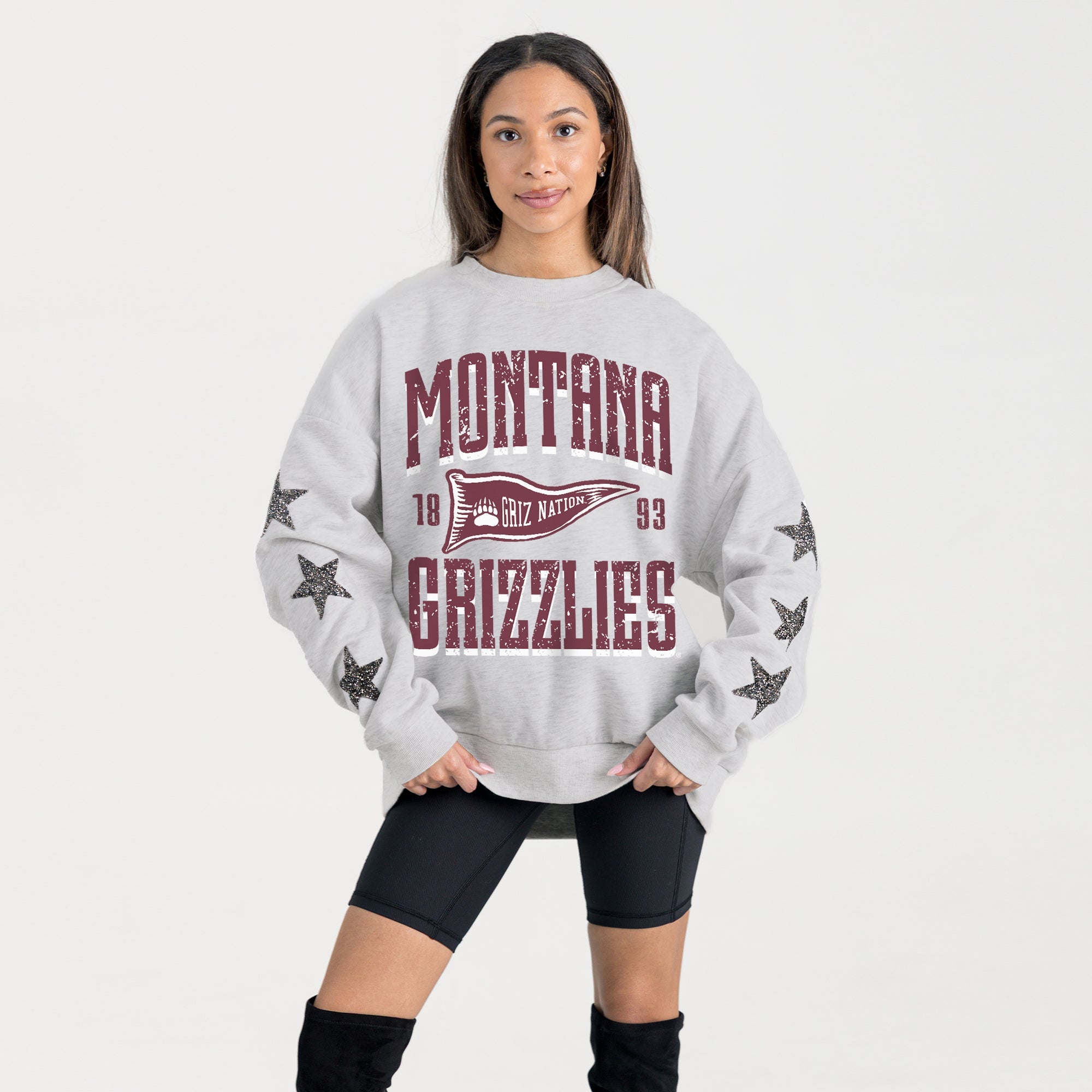 MONTANA GRIZZLIES PENNANT PRIDE EMBELLISHED STAR SLEEVE CREWNECK PULLOVER