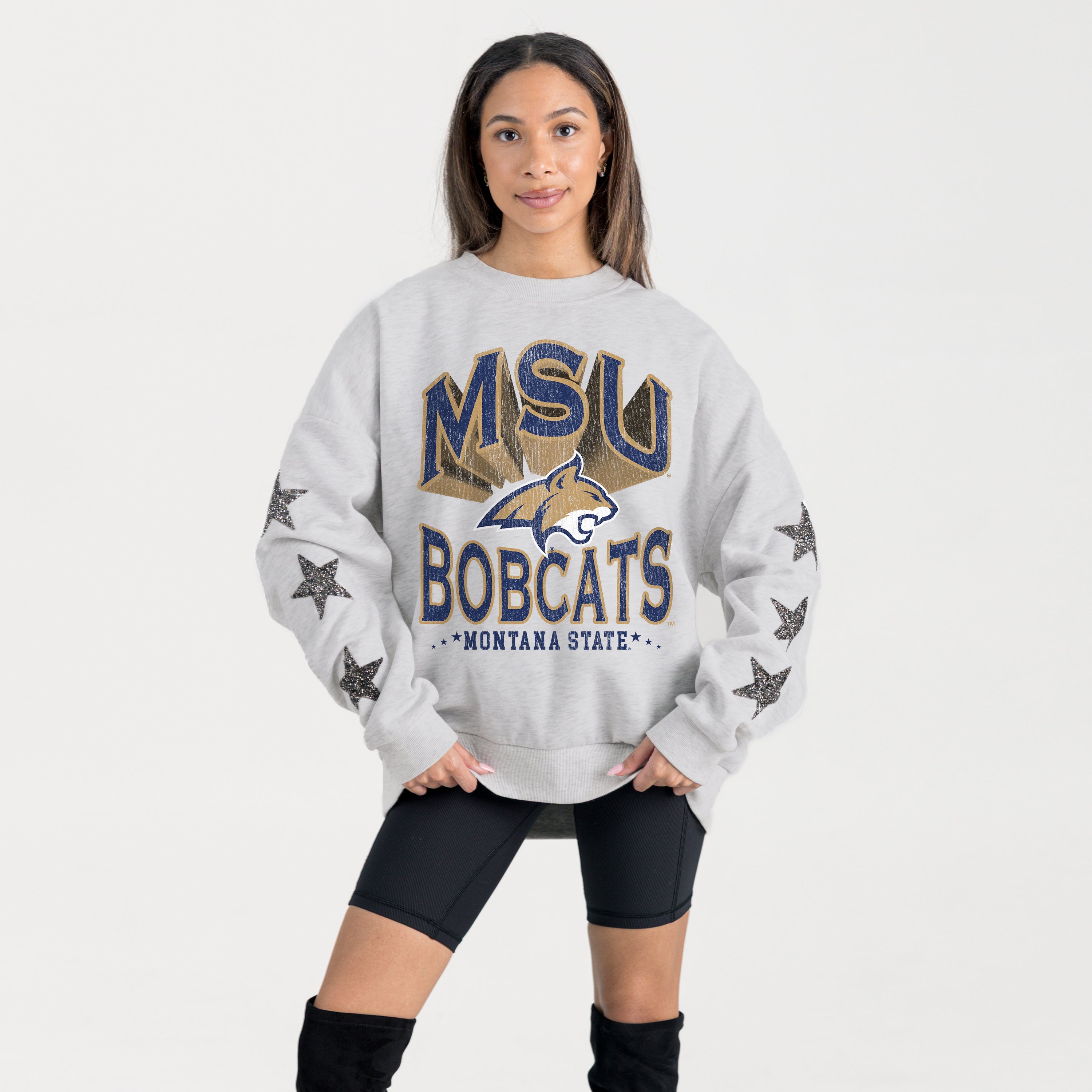MONTANA STATE BOBCATS RESILIENCE STAR EMBELLISHED CREW SWEATSHIRT