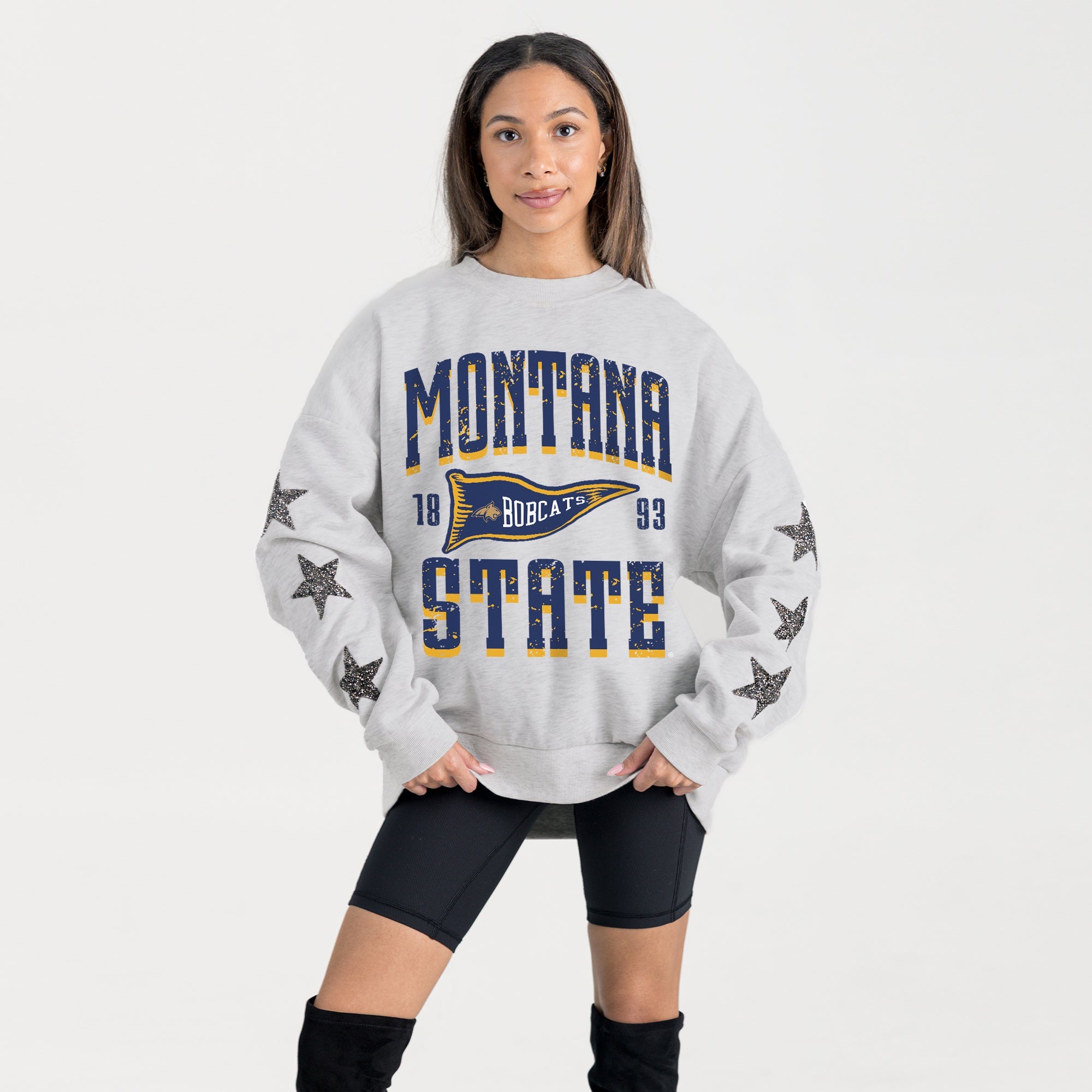 MONTANA STATE BOBCATS PENNANT PRIDE EMBELLISHED STAR SLEEVE CREWNECK PULLOVER