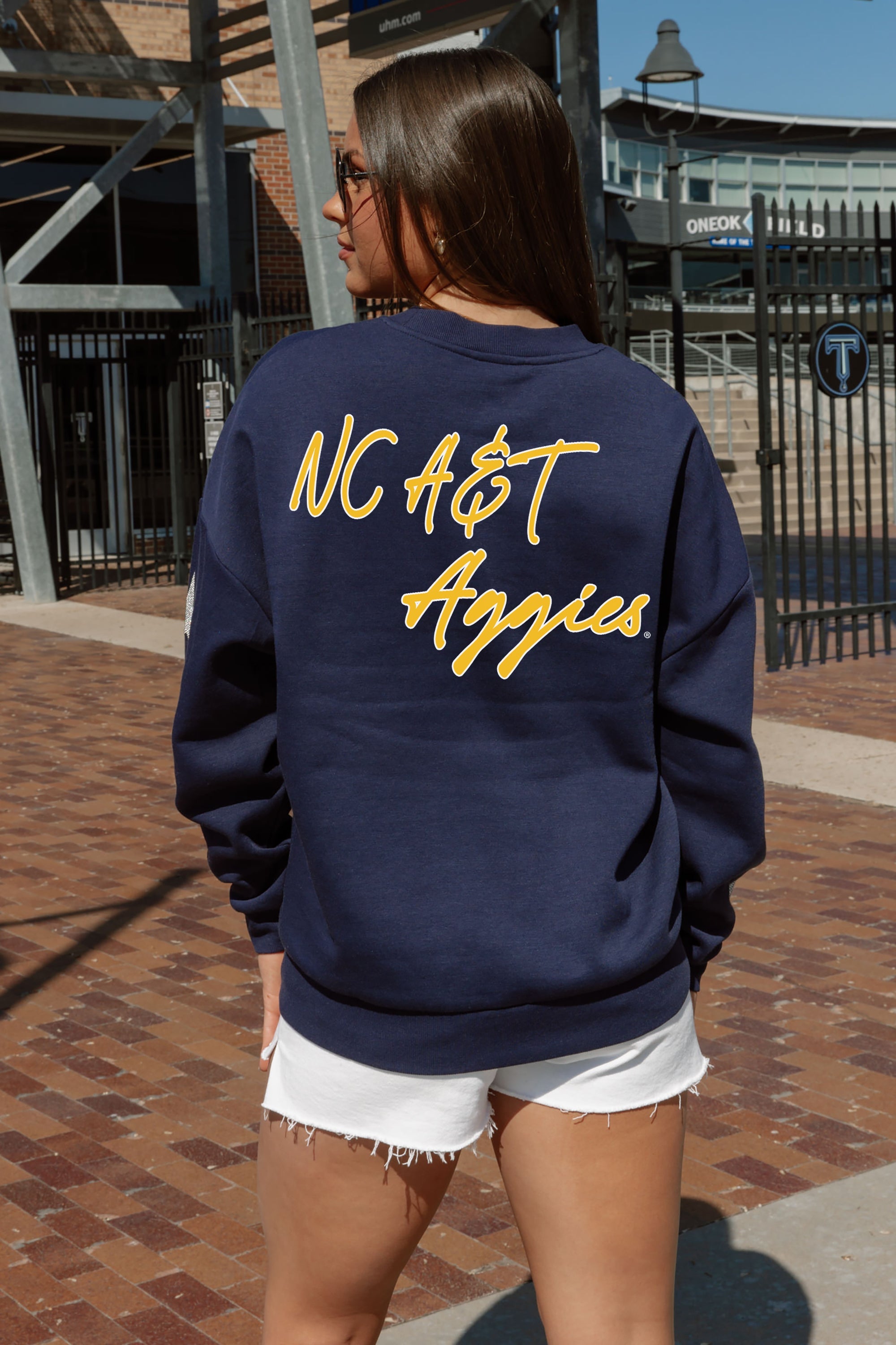 NORTH CAROLINA A&T STATE AGGIES DEDICATION EMBELLISHED STAR SLEEVE CREWNECK PULLOVER