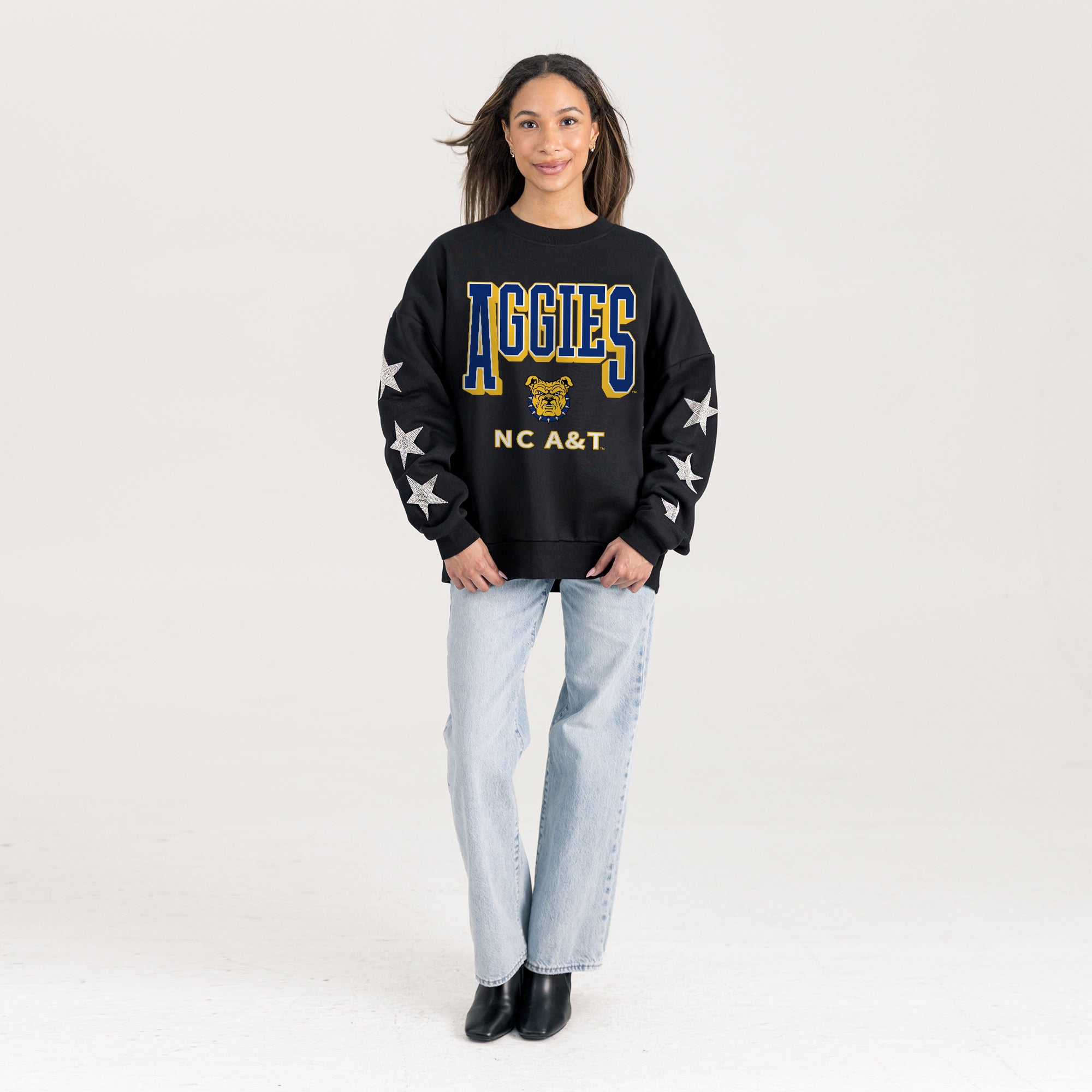 NORTH CAROLINA A&T STATE AGGIES PURE VICTORY EMBELLISHED STAR SLEEVE CREWNECK PULLOVER