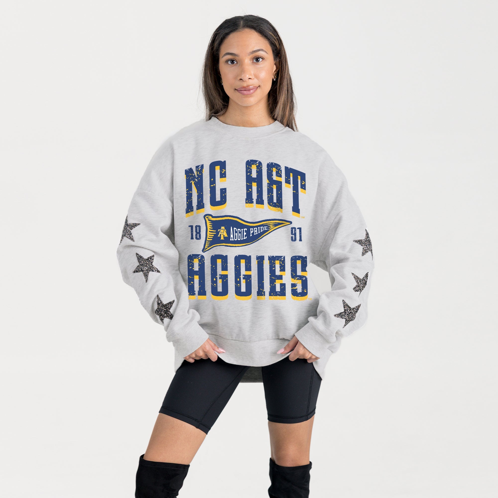NORTH CAROLINA A&T STATE AGGIES PENNANT PRIDE EMBELLISHED STAR SLEEVE CREWNECK PULLOVER