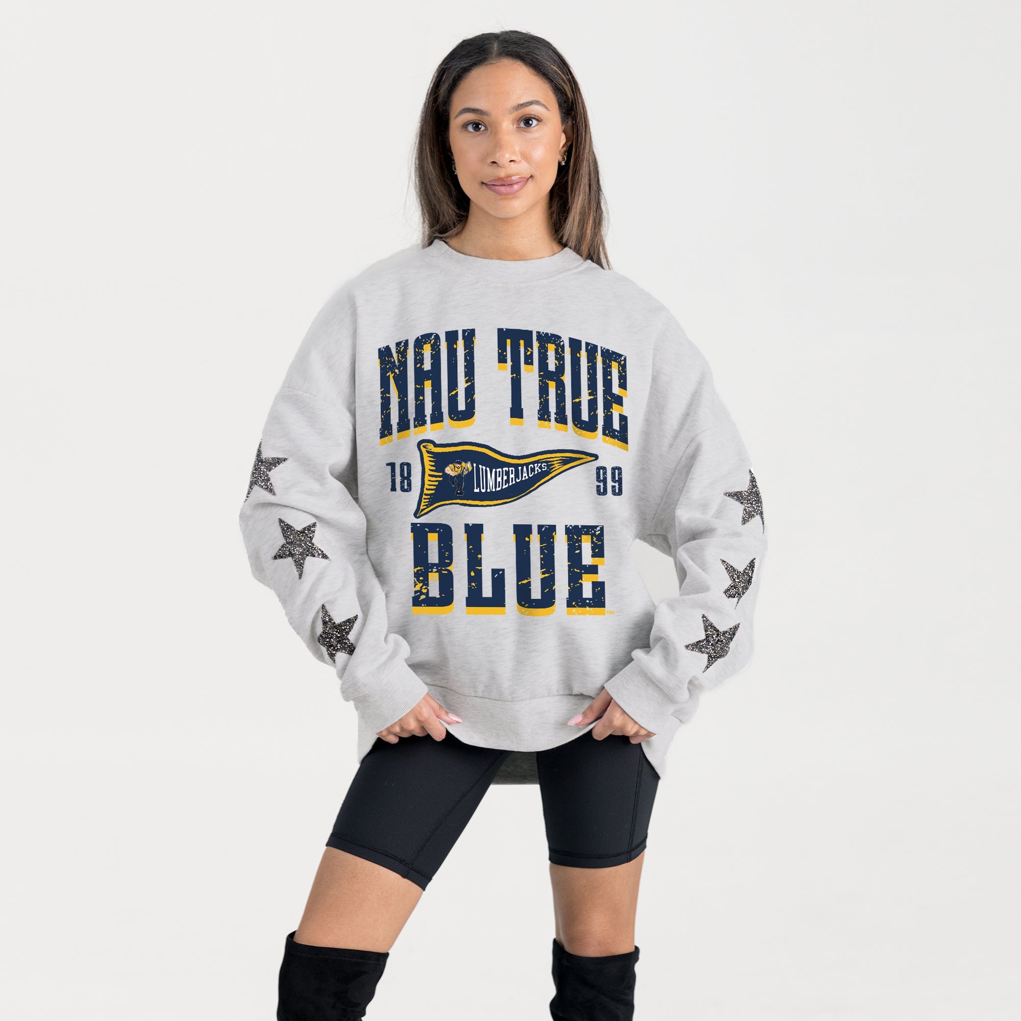 NORTHERN ARIZONA LUMBERJACKS PENNANT PRIDE EMBELLISHED STAR SLEEVE CREWNECK PULLOVER