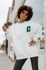 Ash Charlotte 49ers DEDICATION Star-Sleeve Crewneck Pullover - On Model Front Close-Up | Gameday Couture - SOHO